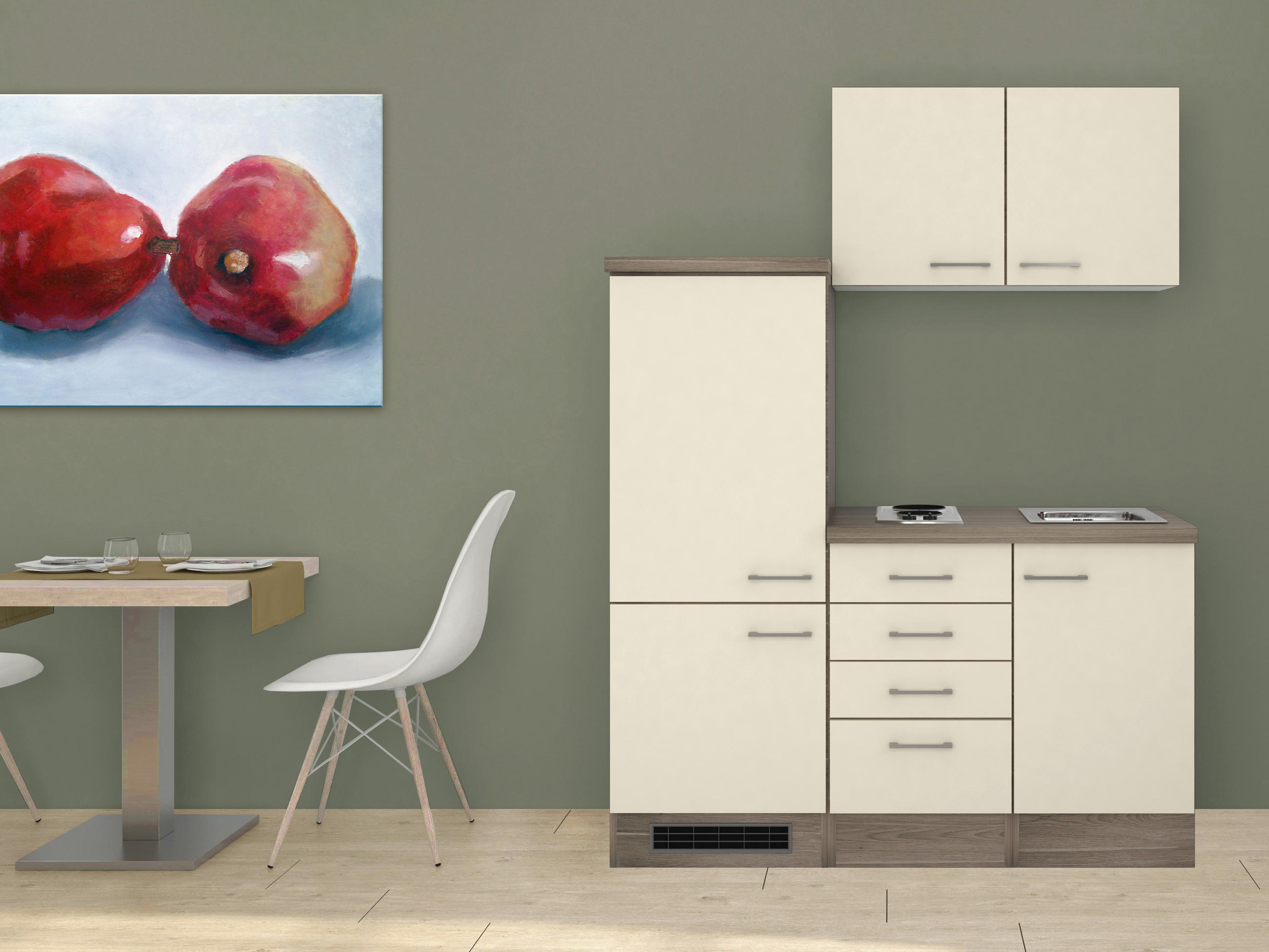 MINIKÜCHE 160 cm Eichefarben, Magnolie E-Geräte, Spüle - Eichefarben/Magnolie, MODERN (160cm) - MID.YOU