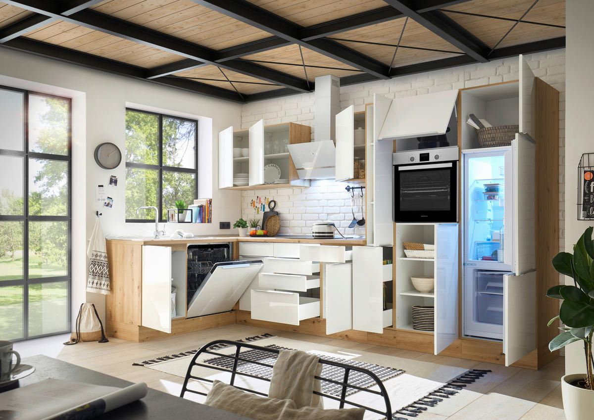 ECKKÜCHE 170/370 cm  Eiche Artisan, Weiss Hochglanz  - Weiss Hochglanz/Alufarben, Lifestyle, Holzwerkstoff/Kunststoff (170/370cm) - Respekta