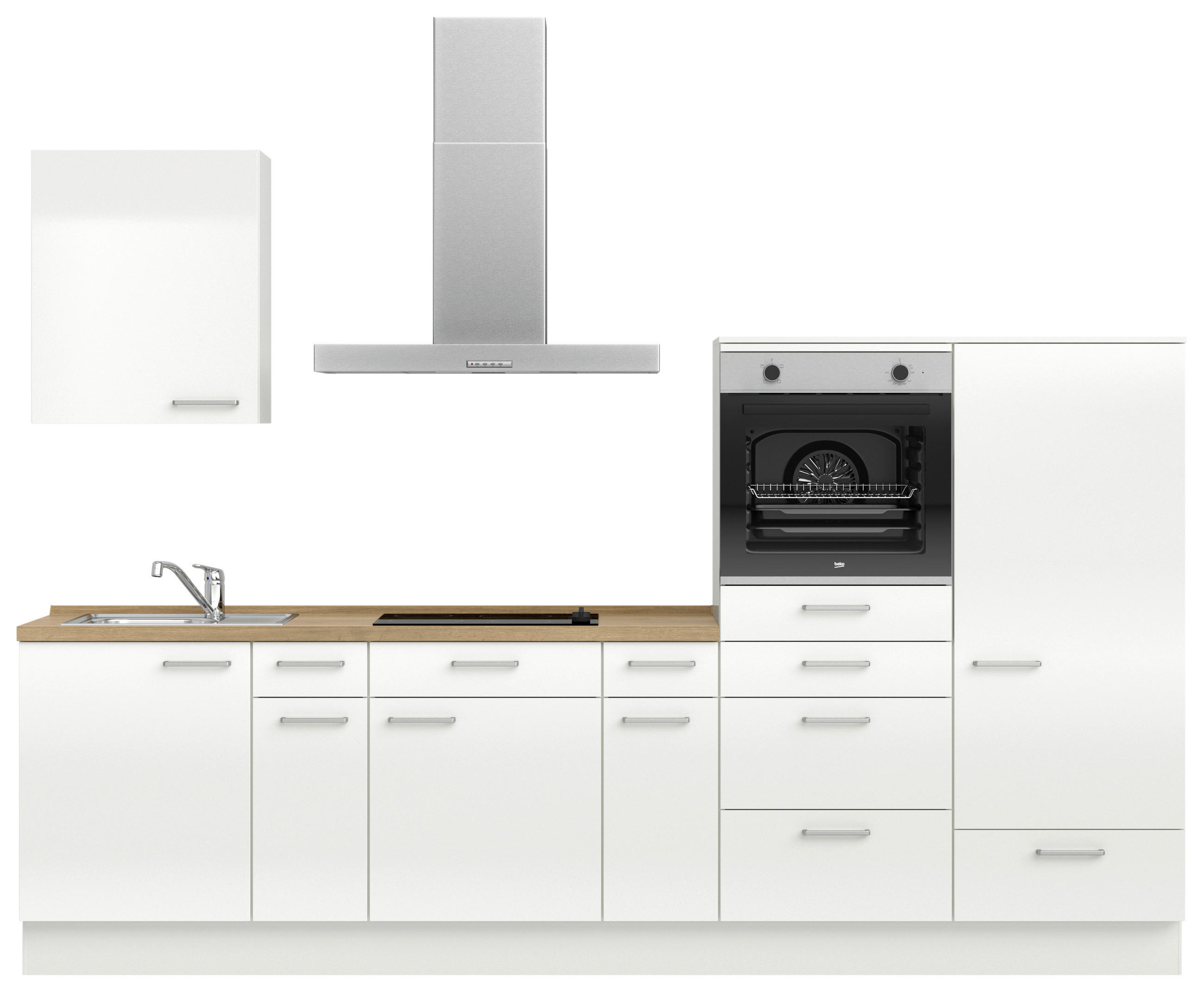 KÜCHENLEERBLOCK 300 cm   in Eichefarben, Weiß Hochglanz  - Edelstahlfarben/Eichefarben, MODERN, Holzwerkstoff/Metall (300cm) - Nobilia