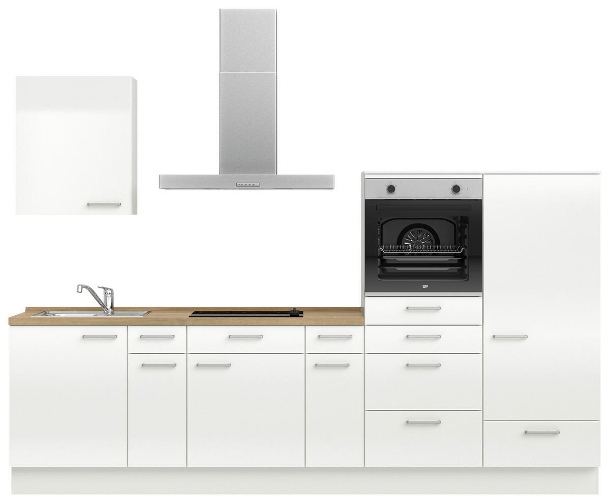 KÜCHENLEERBLOCK 300 cm   in Eichefarben, Weiß Hochglanz  - Edelstahlfarben/Eichefarben, MODERN, Holzwerkstoff/Metall (300cm) - Nobilia