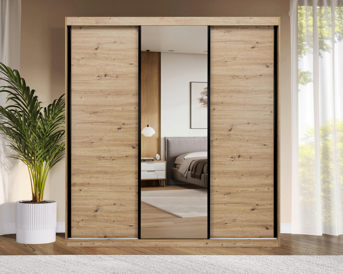 SCHIEBETÜRENSCHRANK 200/215/59,5 cm 3-türig Eiche Artisan  - Schwarz/Eiche Artisan, MODERN, Holzwerkstoff/Metall (200/215/59,5cm) - MID.YOU