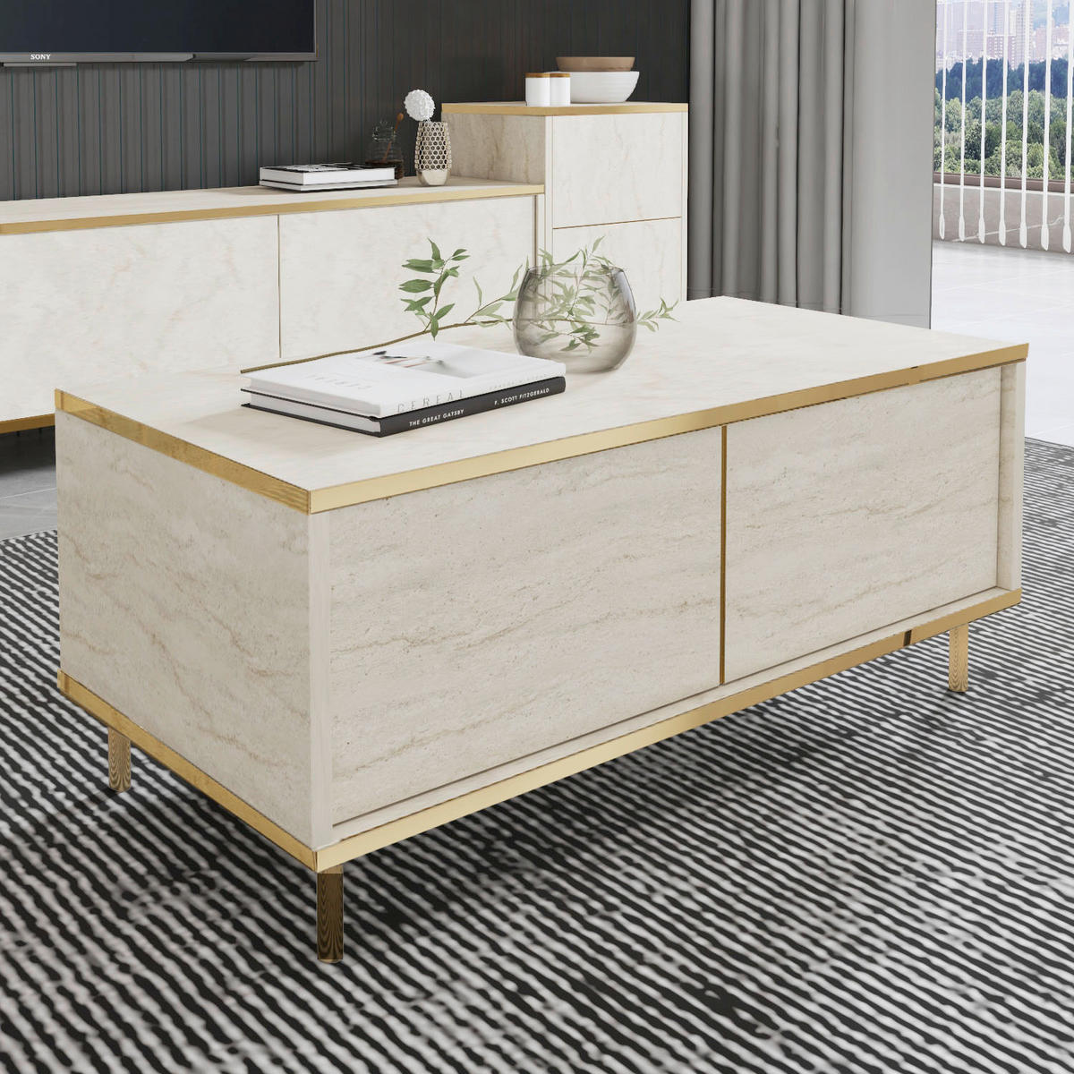 COUCHTISCH Imaj Couchtisch 90/45/40 cm rechteckig Goldfarben, Beige  - Beige/Goldfarben, Design, Holzwerkstoff/Metall (90/45/40cm) - Livetastic