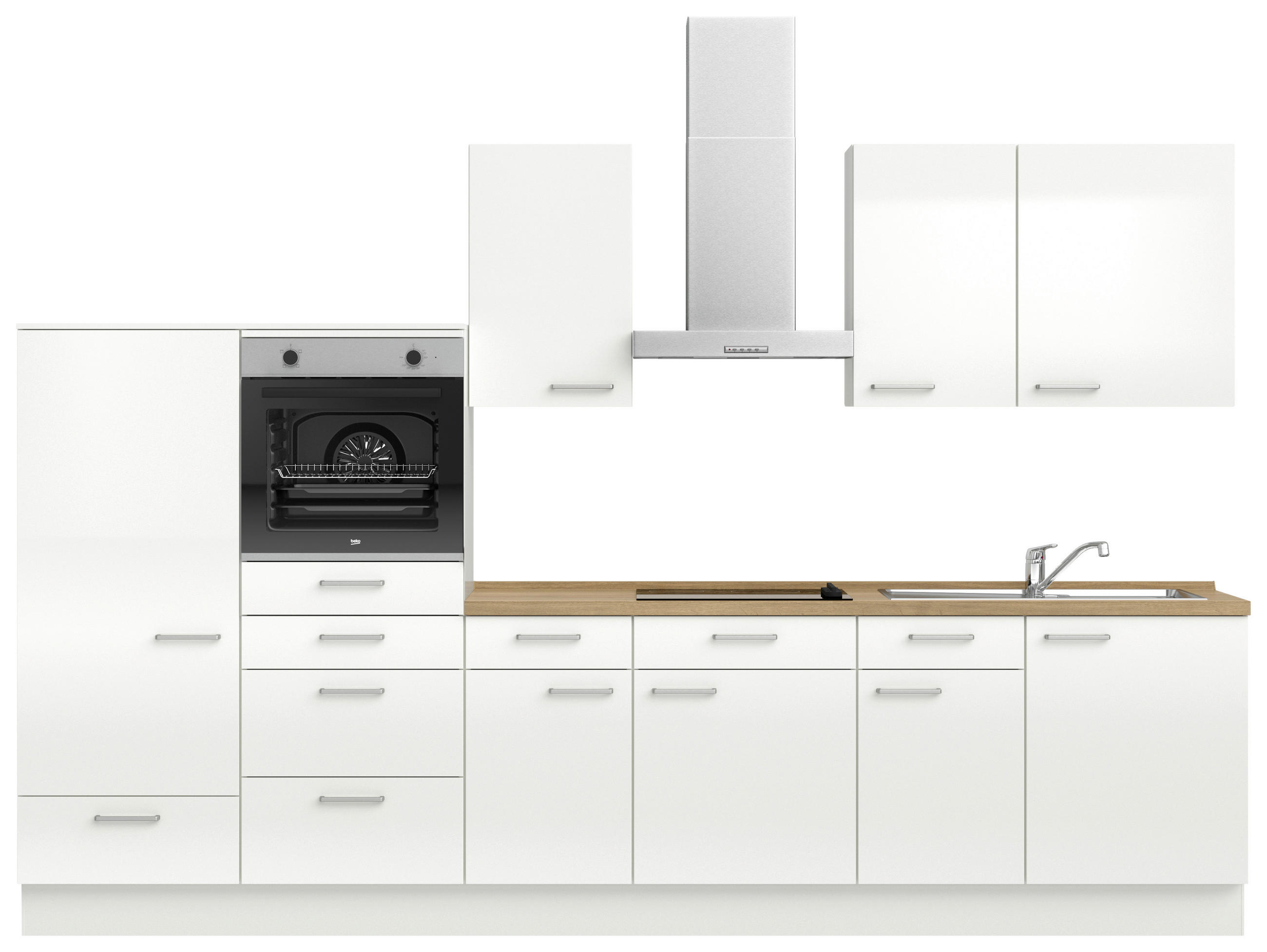 KÜCHENLEERBLOCK 330 cm   in Eichefarben, Weiß Hochglanz  - Edelstahlfarben/Eichefarben, MODERN, Holzwerkstoff/Metall (330cm) - Nobilia