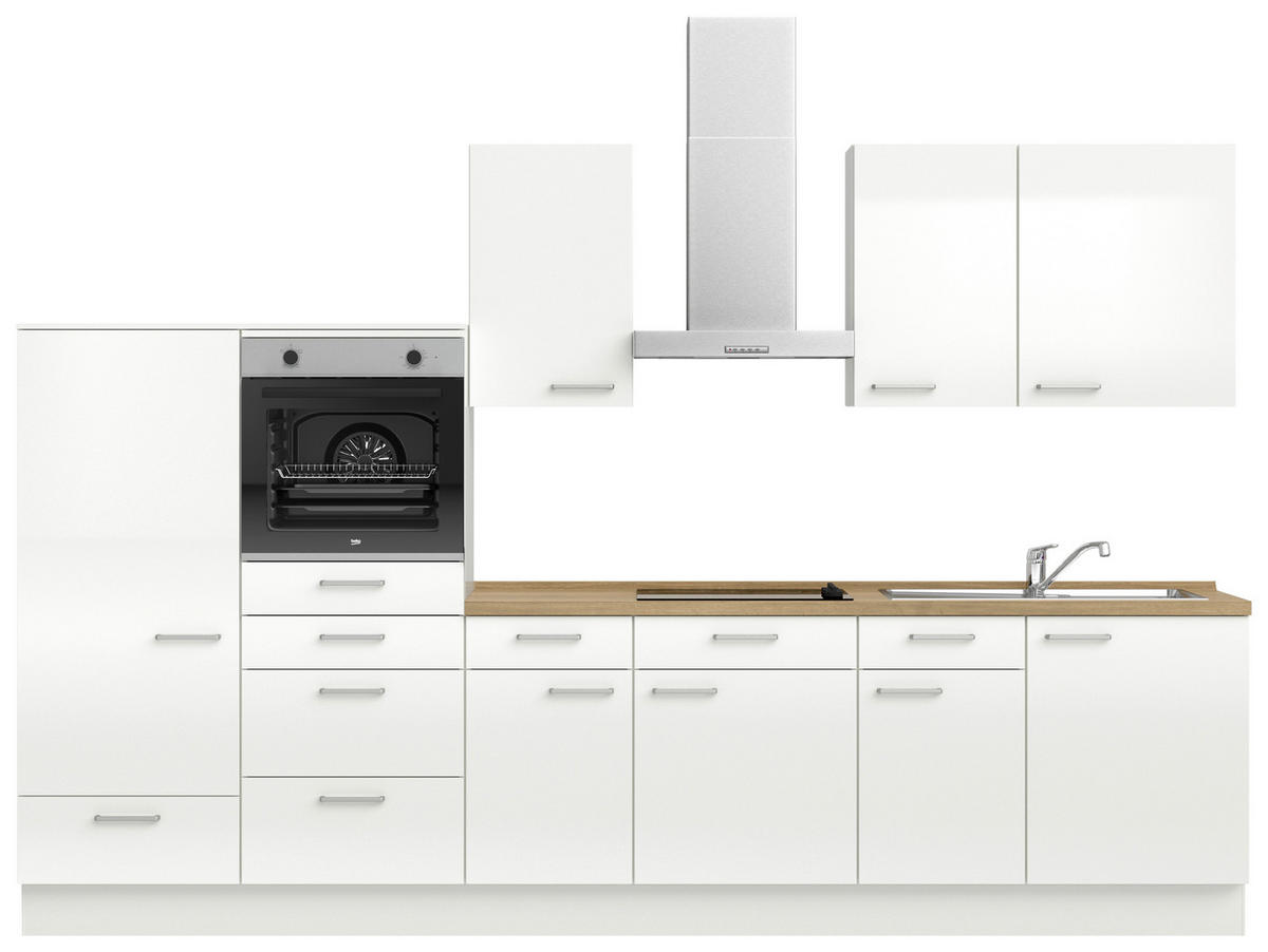KÜCHENLEERBLOCK 330 cm   in Eichefarben, Weiß Hochglanz  - Edelstahlfarben/Eichefarben, MODERN, Holzwerkstoff/Metall (330cm) - Nobilia