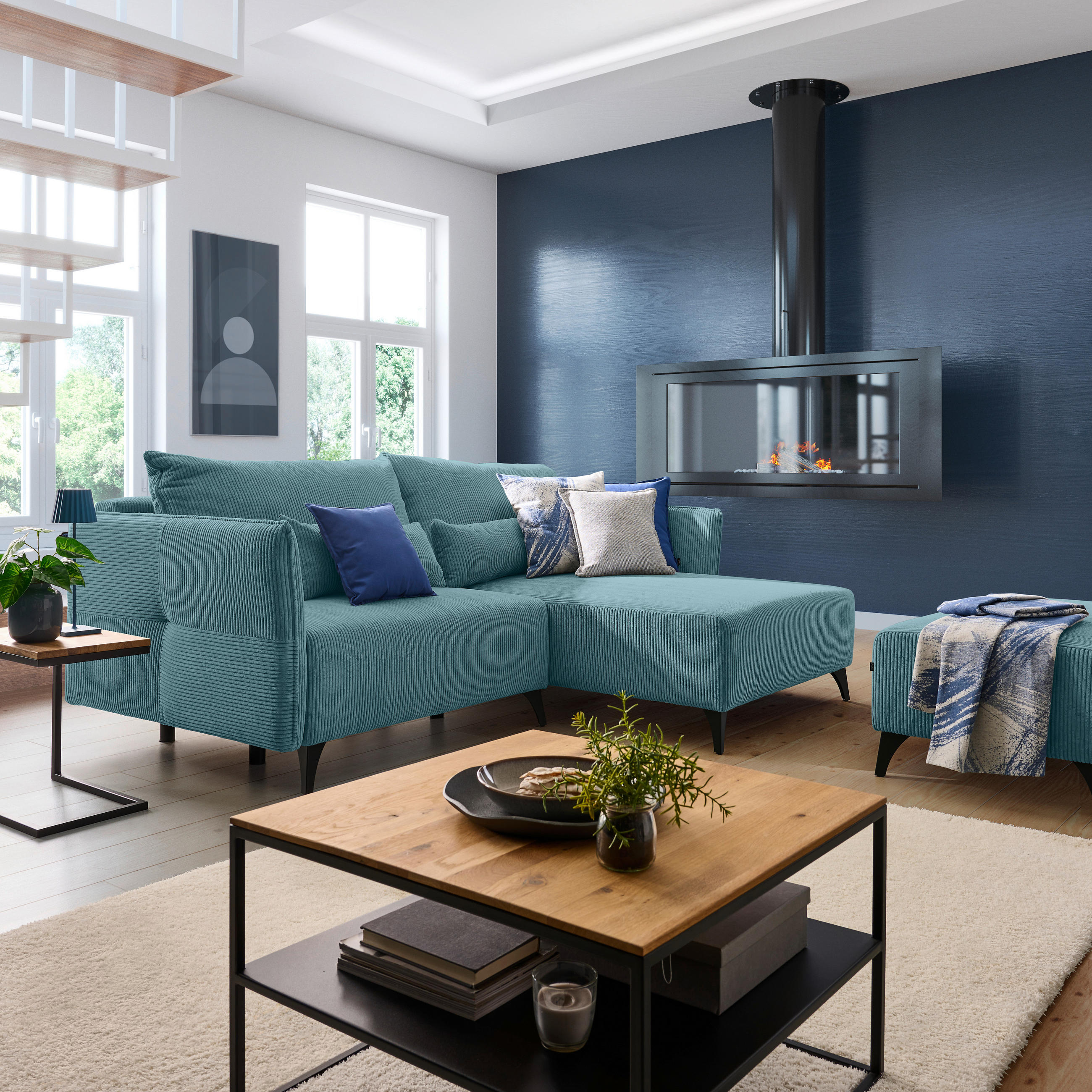 ECKSOFA Türkis Cord  - Türkis/Schwarz, Design, Textil/Metall (254/175cm) - Stylife