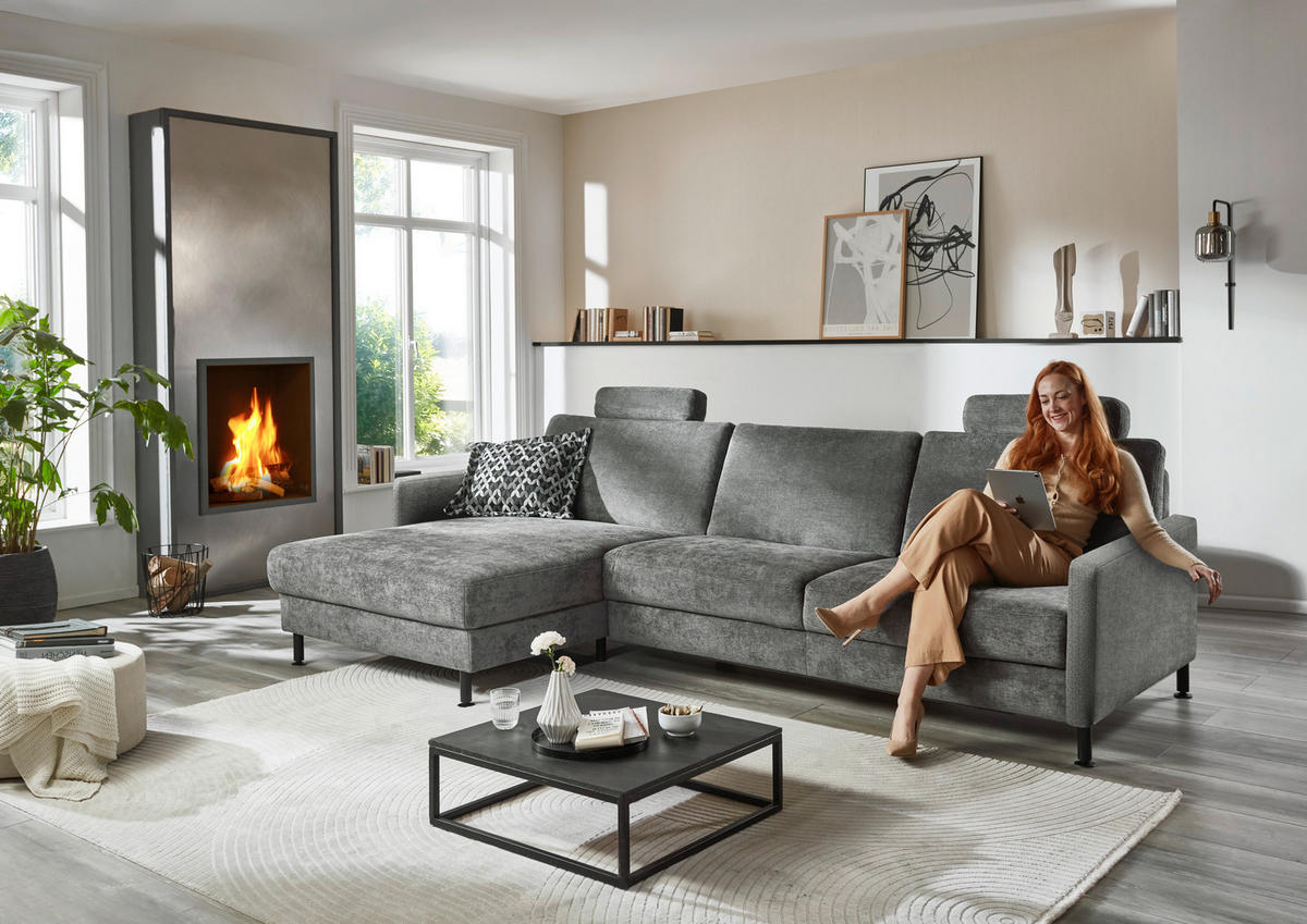 ECKSOFA in Chenille, Flachgewebe Dunkelgrau  - Dunkelgrau/Schwarz, Design, Textil/Metall (175/316cm) - Dieter Knoll