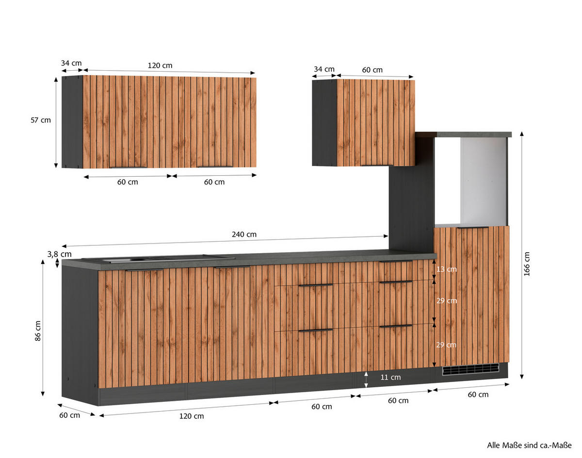 KÜCHENLEERBLOCK 300 cm   in Eiche Wotan, Graphitfarben  - Schieferfarben/Eiche Wotan, Basics, Holzwerkstoff/Metall (300cm) - Held