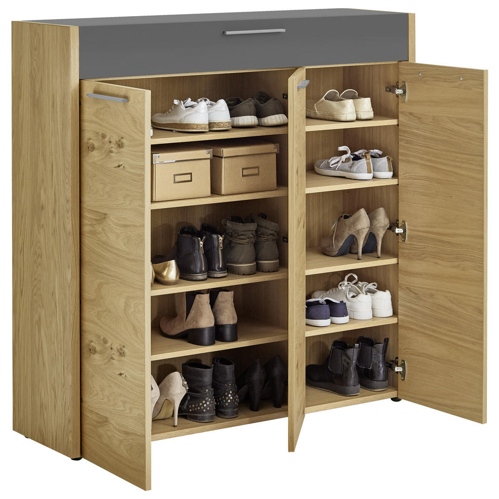 Thumbnail - Schuhschrank, Grau, Eiche, Metall, Eiche, Balkeneiche, furniert, 8 Fächer, 1 Schubladen, 127x126x37 cm, Goldenes M, Made...