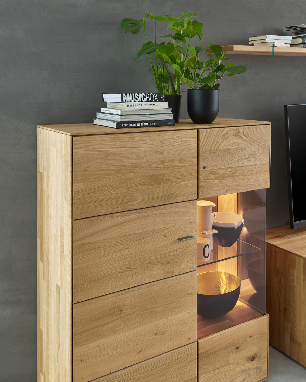 WOHNWAND  in Eichefarben  332,7/202,4/54,5 cm  - Edelstahlfarben/Eichefarben, KONVENTIONELL, Glas/Holz (332,7/202,4/54,5cm) - Valnatura