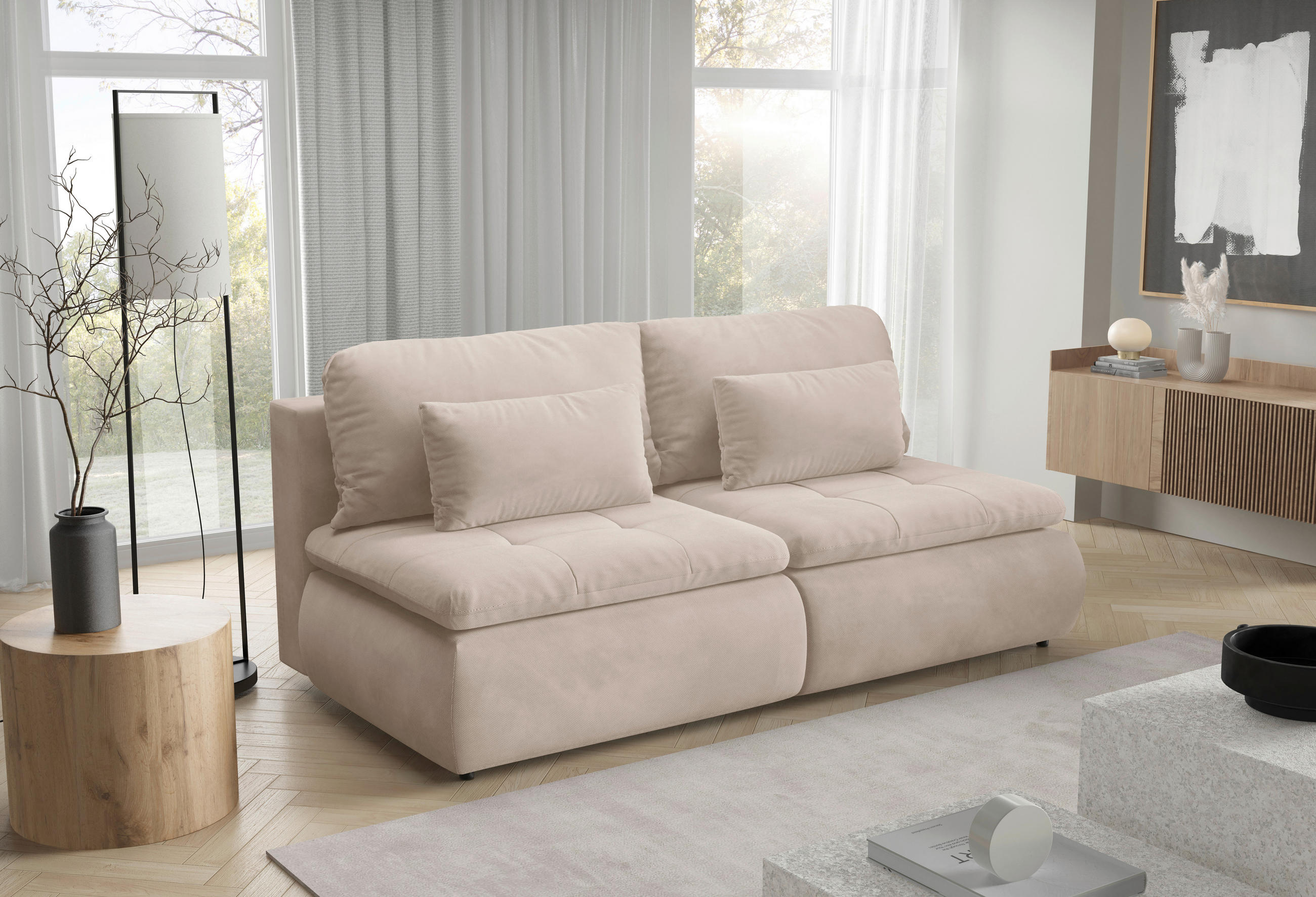 SCHLAFSOFA MYSTIC  mit Plüsch Beige  - Beige/Schwarz, Design, Kunststoff/Textil (220/94/114cm) - Livetastic