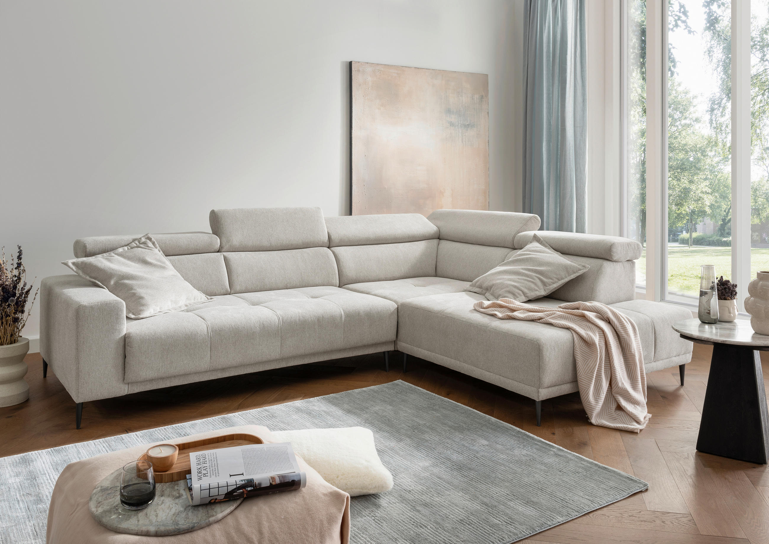 ECKSOFA Chenille Beige  - Beige/Schwarz, Konventionell, Textil/Metall (305/225cm) - Livetastic