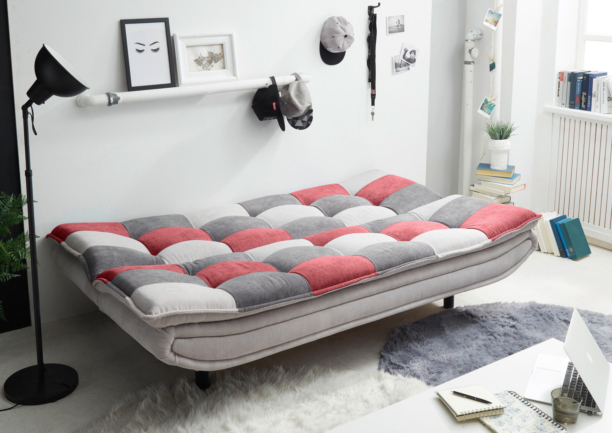 SCHLAFSOFA in Mikrovelours Silberfarben, Beere, Dunkelgrau  - Beere/Dunkelgrau, Basics, Kunststoff/Textil (188/90/89cm) - MID.YOU