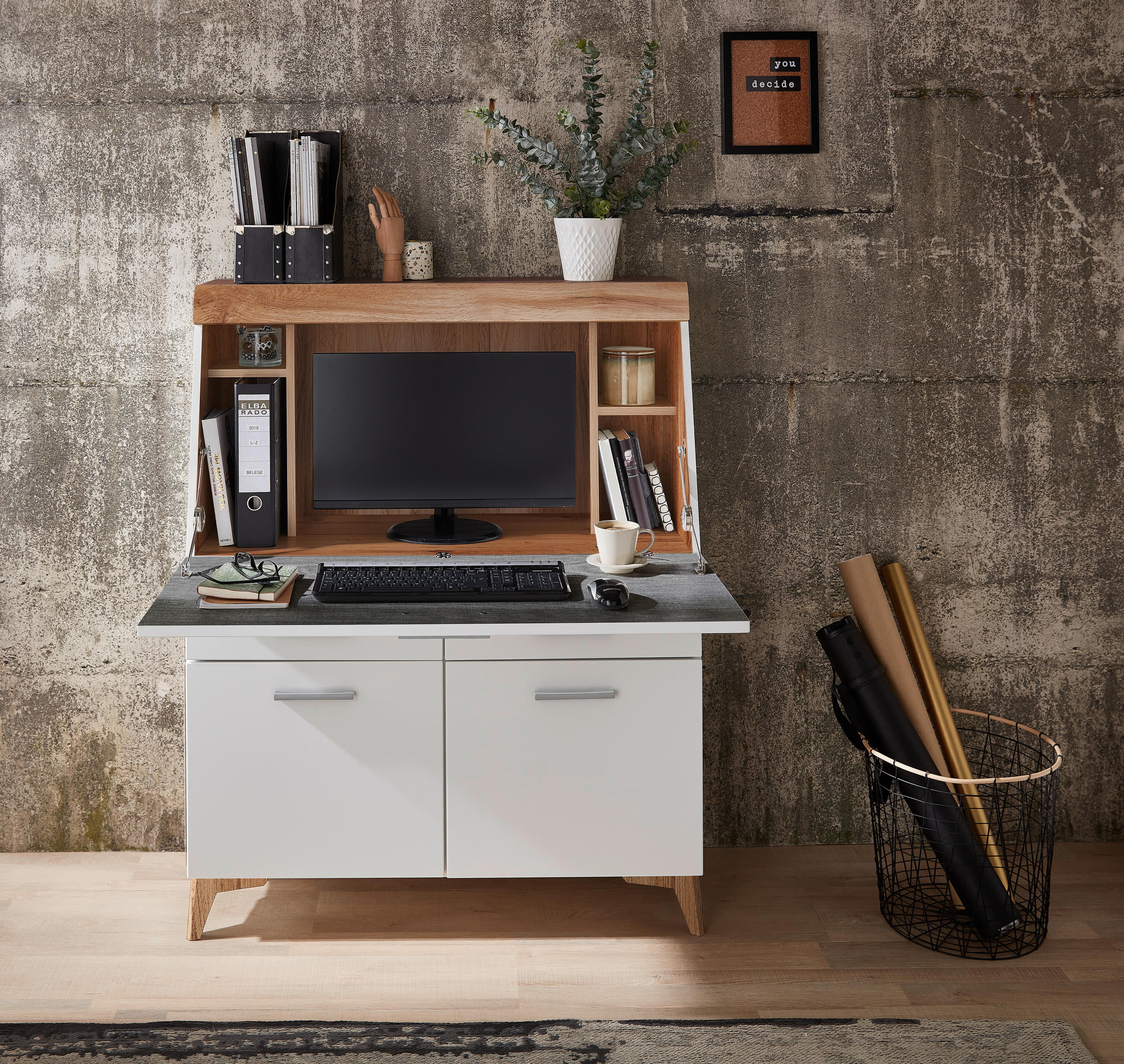 SEKRETÄR  Kabeldurchlass, Stauraum  - Eichefarben/Alufarben, Trend, Holzwerkstoff/Kunststoff (98/124/39,6cm) - Carryhome