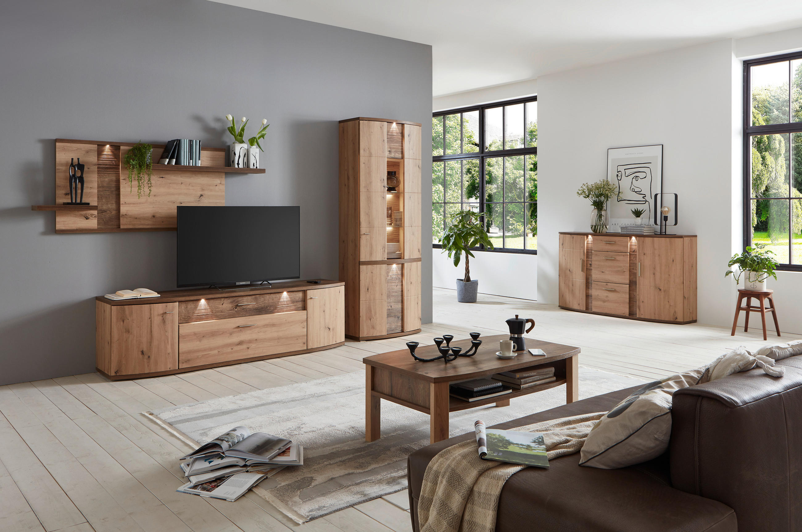 Thumbnail - Xora Sideboard, Eiche, Eiche Artisan, Holzwerkstoff, 4 Fächer, 3 Schubladen, 163.7x94x40.4 cm, Beimöbel erhältlich, steh...