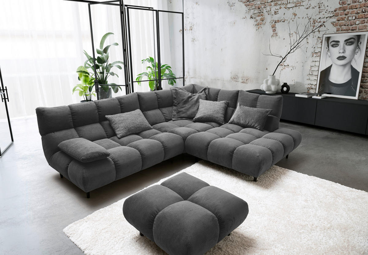 ECKSOFA Ottomane rechts, Eckteil  Anthrazit Feincord  - Anthrazit/Schwarz, Design, Holz/Textil (288/215cm) - Pure Home Lifestyle