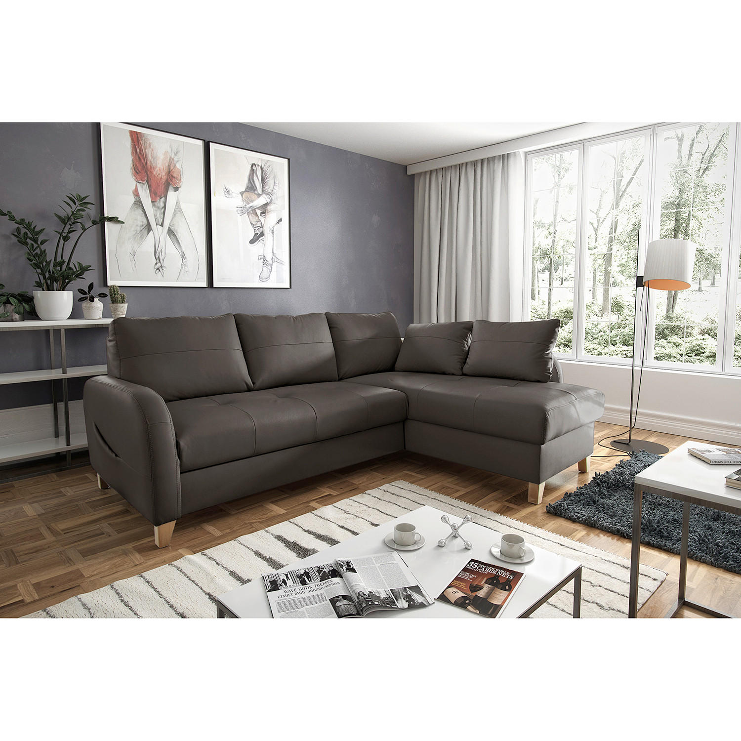 ECKSOFA Dunkelbraun Echtleder Lederlook  - Dunkelbraun/Buchefarben, Design, Leder/Holz (227/168cm) - Livetastic