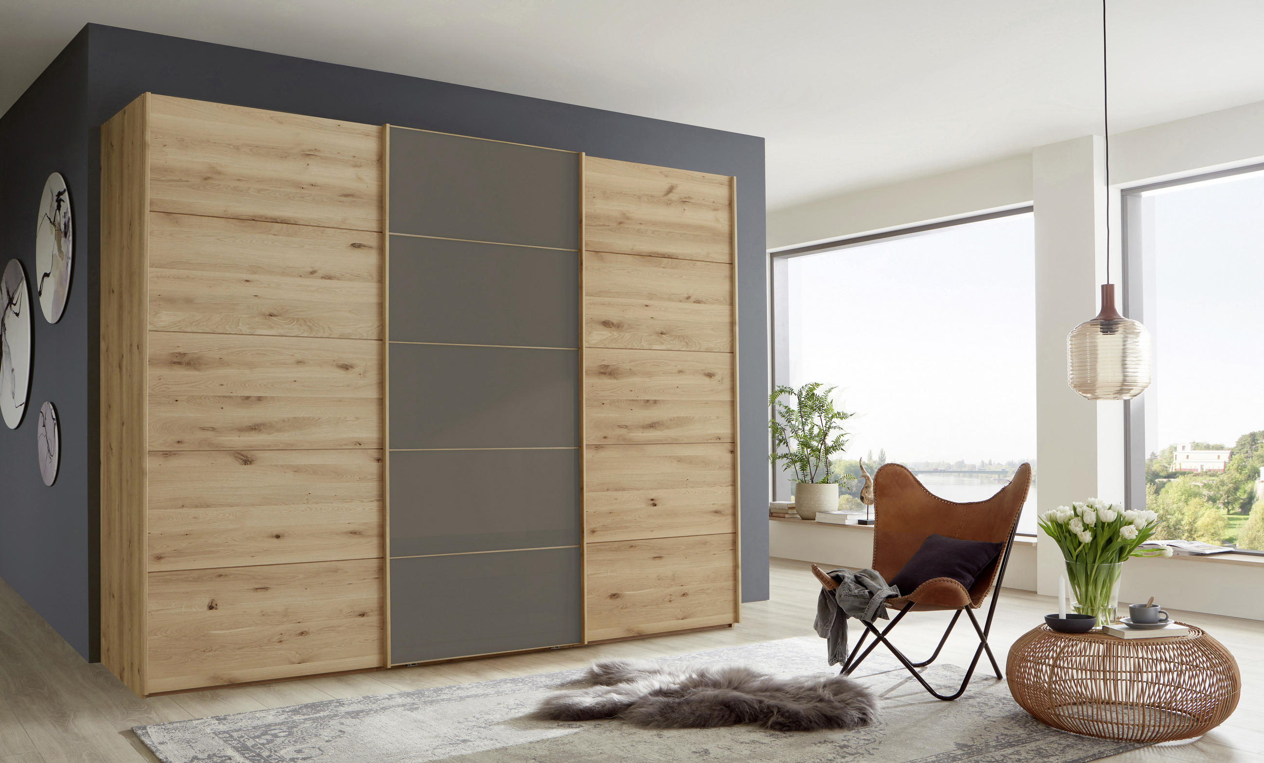 SCHWEBETÜRENSCHRANK 300/217/67 cm 3-türig Dunkelbraun, Eiche Bianco  - Eiche Bianco/Eichefarben, Natur, Glas/Holz (300/217/67cm) - Linea Natura