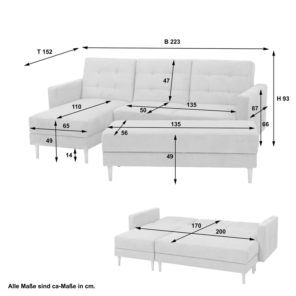 ECKSCHLAFSOFA inkl. Hocker  mit Schlafen auf Sitzhöhe Flachgewebe Graphitfarben  - Eschefarben/Graphitfarben, MODERN, Holz/Textil (223/152cm) - Max Winzer
