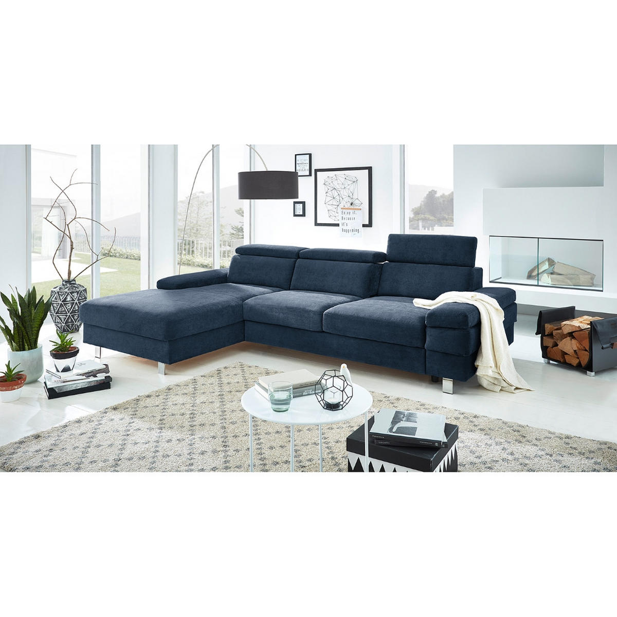 ECKSOFA in Webstoff Dunkelblau  - Silberfarben/Dunkelblau, Konventionell, Textil/Metall (260/82/182cm) - Trendmanufaktur