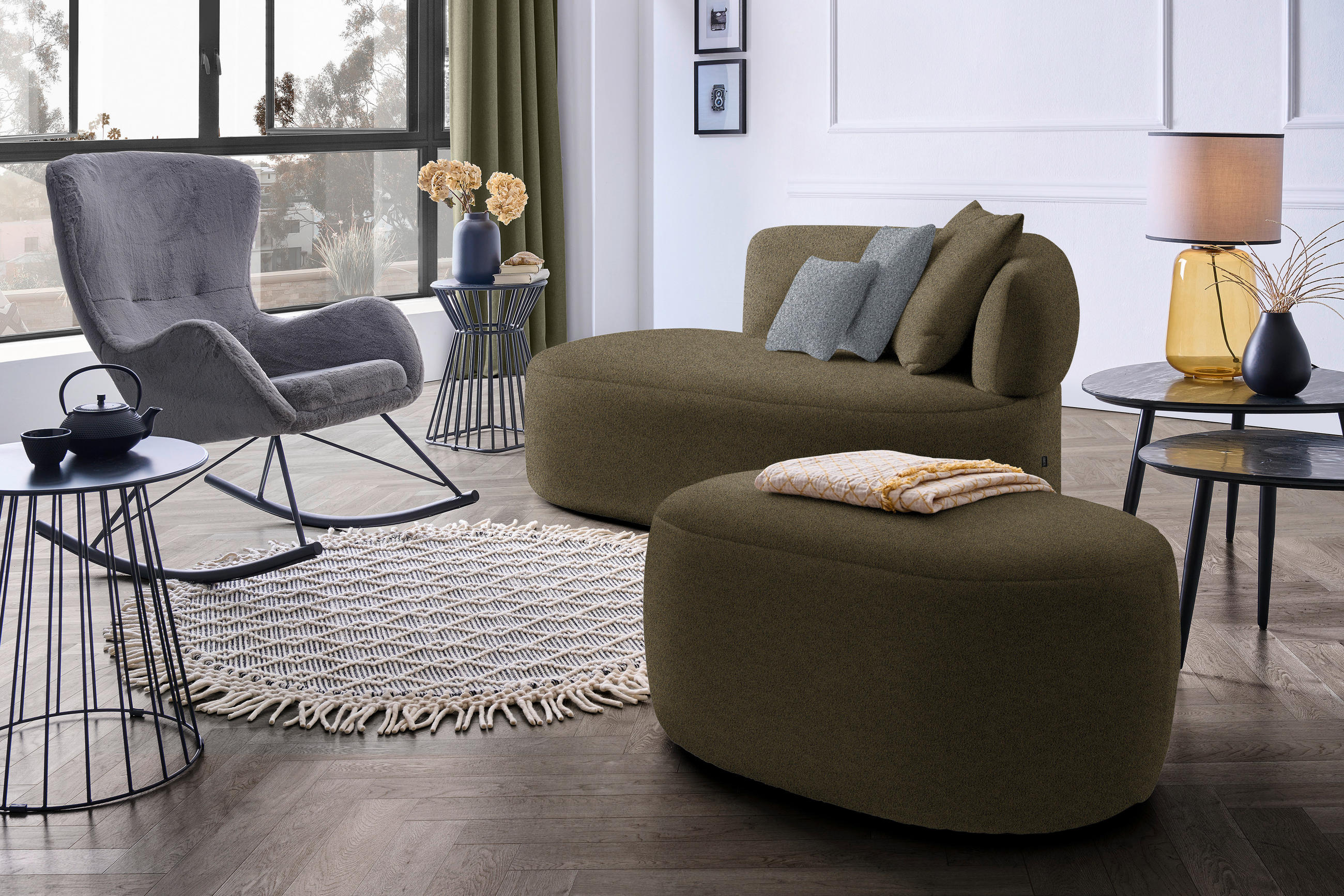 RÉCAMIERE in Bouclé Grau, Olivgrün  - Schwarz/Olivgrün, MODERN, Kunststoff/Textil (166/86/105cm) - Hom`in