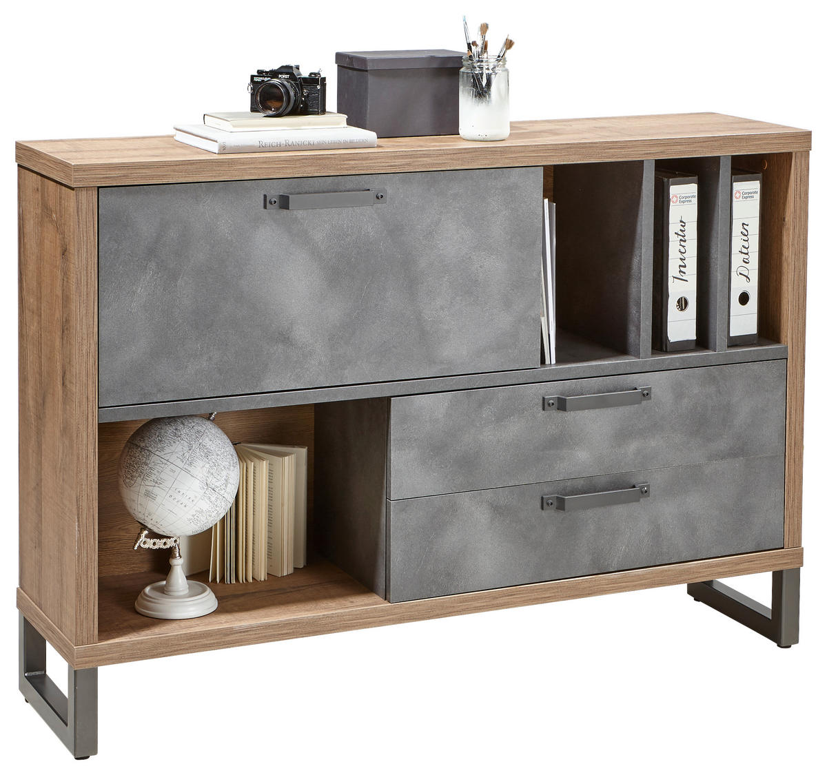 Comodă 140/97/35 cm  - culoare lemn stejar/gri, Trend, metal/material pe bază de lemn (140/97/35cm) - Stylife