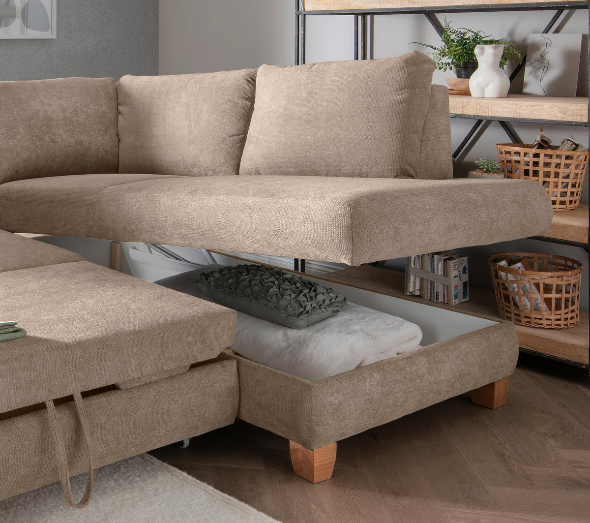 ECKSCHLAFSOFA in Chenille Hellbraun  - Wildeiche/Hellbraun, Modern, Holz/Textil (261/206cm) - Livetastic