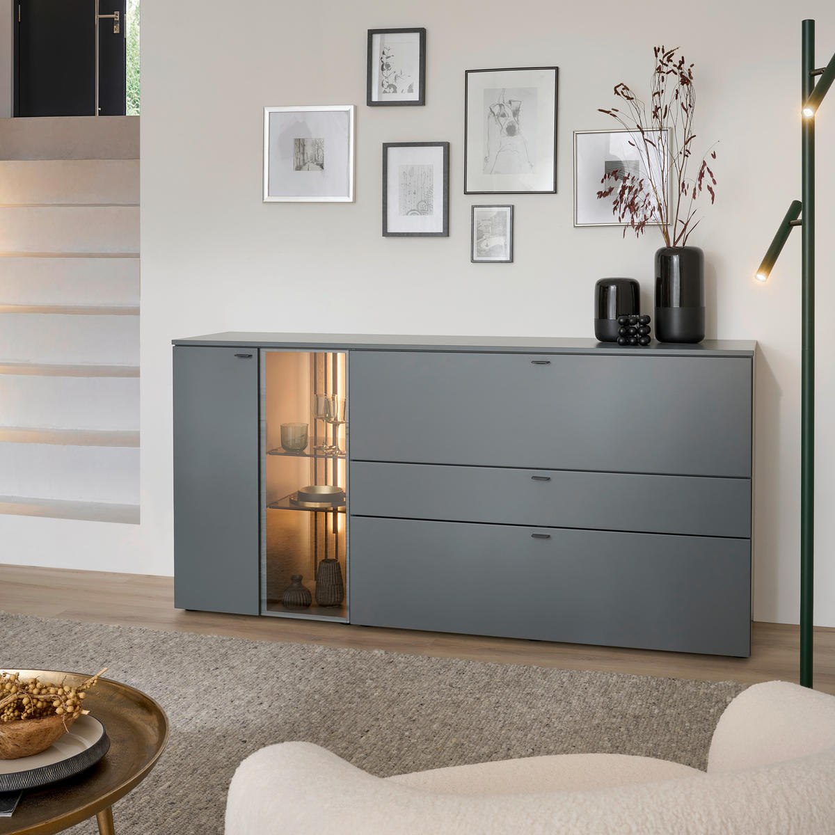 SIDEBOARD Grün, Eichefarben  180/89/43 cm  - Eichefarben/Anthrazit, Design, Glas/Holz (180/89/43cm) - Venjakob