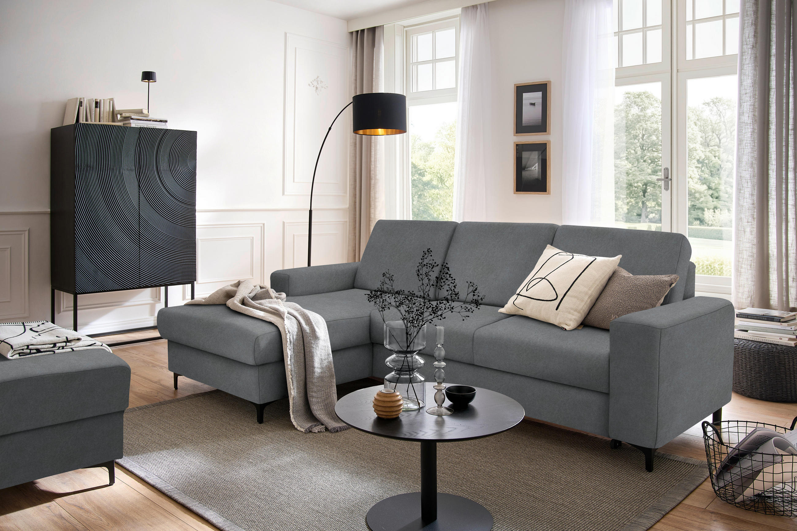 ECKSOFA in Velours Grau  - Schwarz/Grau, KONVENTIONELL, Textil/Metall (167/247cm) - Stylife