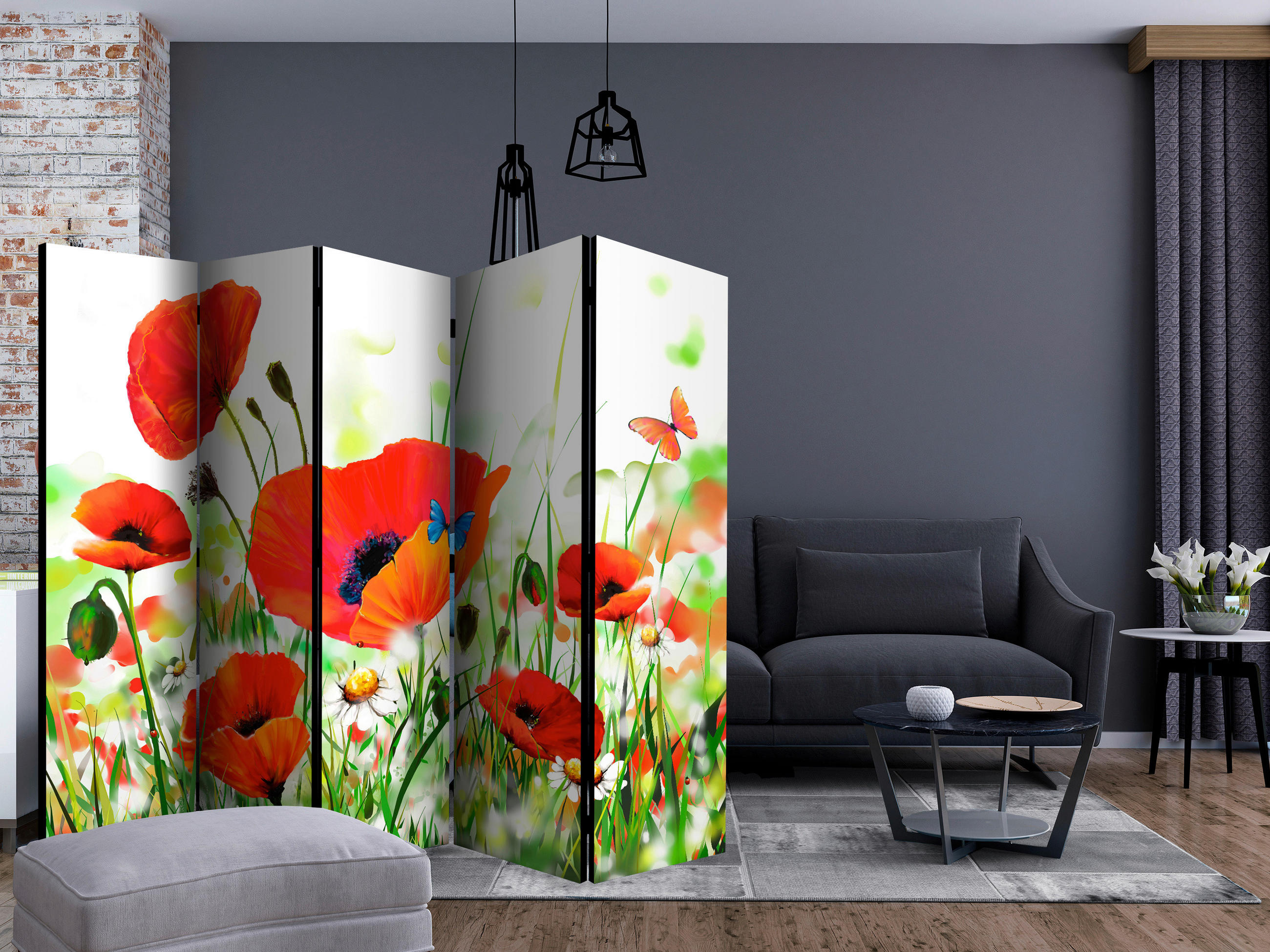 SKÄRMVÄGG  i trä, textil  grön, röd  - röd/grön, Basics, trä/textil (225/172/3cm) - artgeist