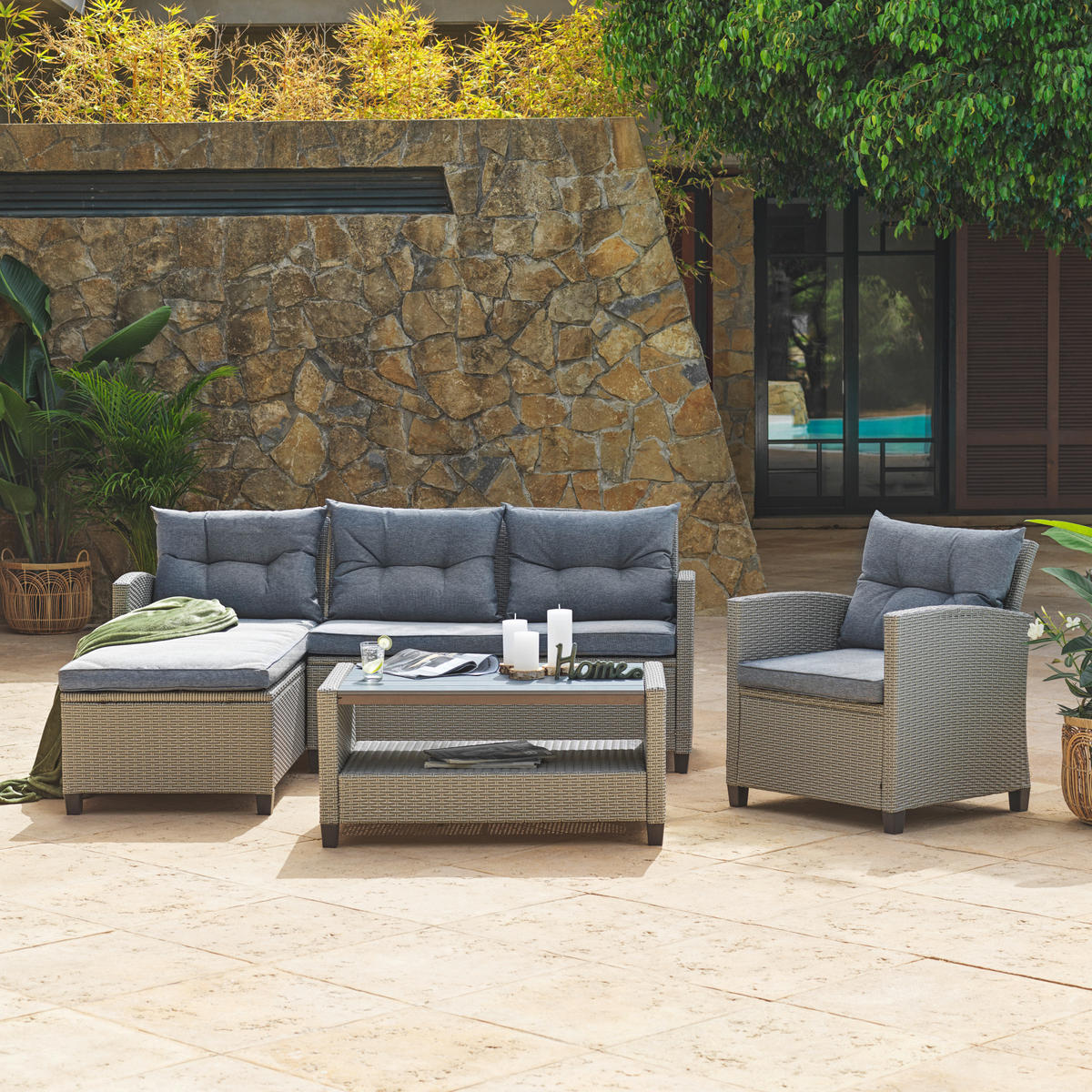 LOUNGEGARNITUR 141/180 cm Stahl  - Grau, MODERN, Kunststoff/Textil (141/180cm) - Ambia Garden
