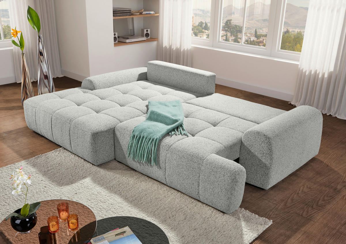 Ecksofa mit Funktion Creme Flachgewebe Zierkissen, Rückenkissen, Bettkasten, Schlaffunktion, Rücken echt, Liegefläche im Originalstoff  - Creme/Schwarz, KONVENTIONELL, Kunststoff/Textil (190/277cm) - Carryhome