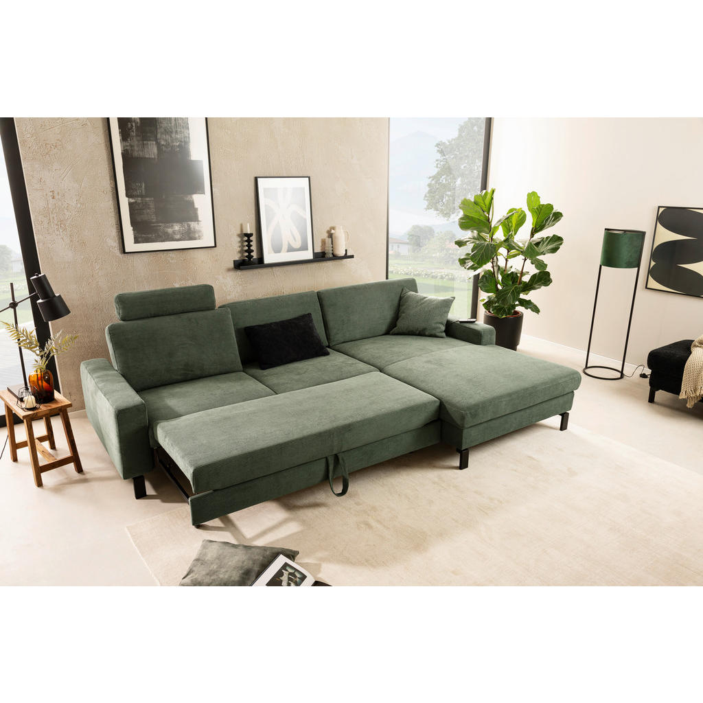 Thumbnail - Pure Home Lifestyle Ecksofa, Olivgrün, Textil, 4-5-Sitzer, Ottomane links, L-Form, 298x185-209 cm, Goldenes M, Dgm, Fußa...