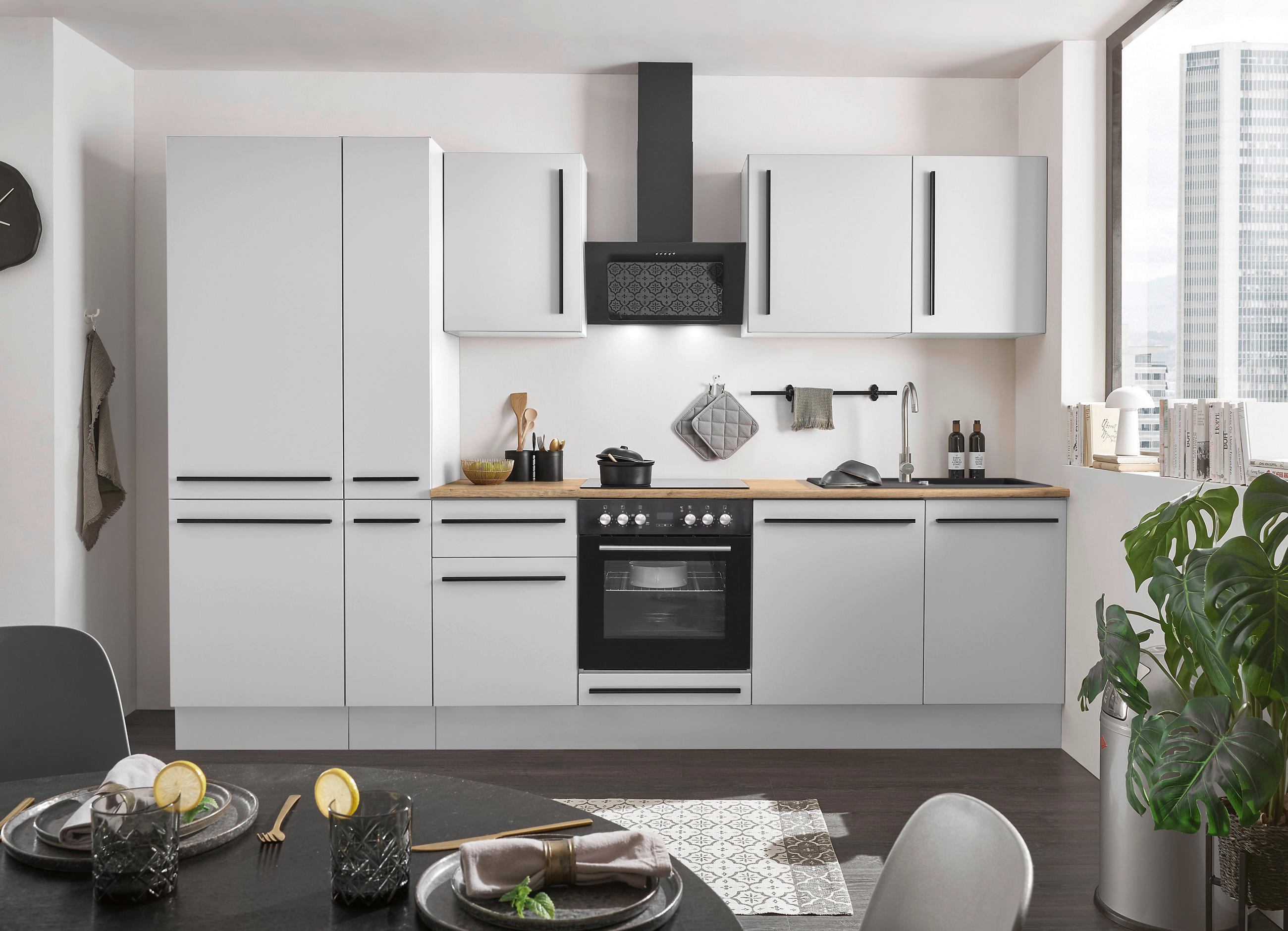 KÜCHENBLOCK 310 cm   in Weiß, Eichefarben  - Eichefarben/Schwarz, Design, Holzwerkstoff/Kunststoff (310cm) - MID.YOU