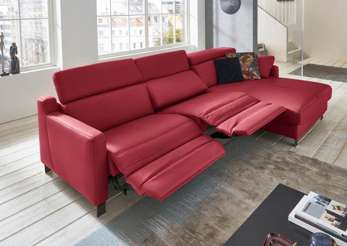 ECKSOFA in Echtleder Rot  - Rot/Schwarz, Design, Leder/Metall (291/176cm) - Valdera