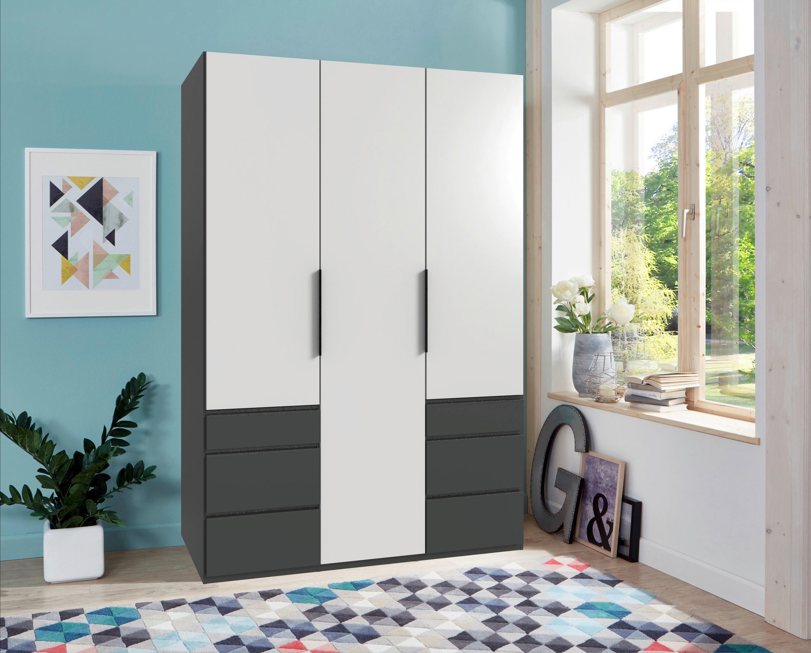 DREHTÜRENSCHRANK in Graphitfarben, Weiss  - Weiss/Schwarz, Konventionell, Holzwerkstoff/Metall (150/236/58cm) - Hom`in