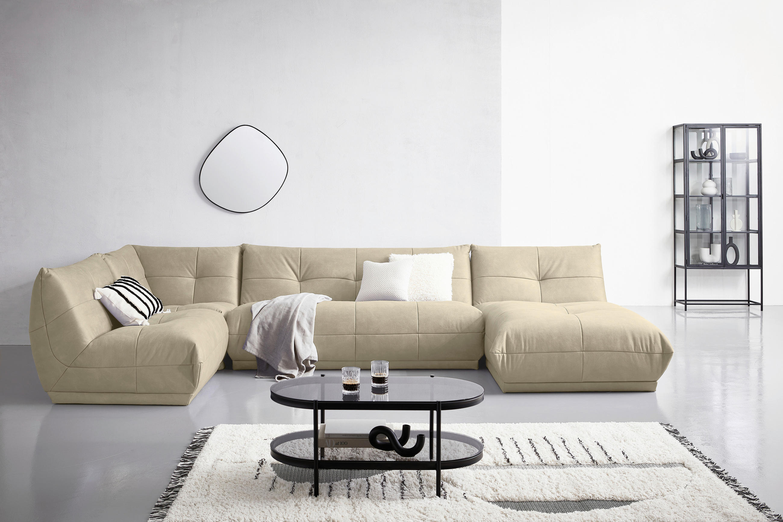SOFFA i läderimitation cremefärgad  - cremefärgad, Trend, textil (210/390/185cm) - Livetastic
