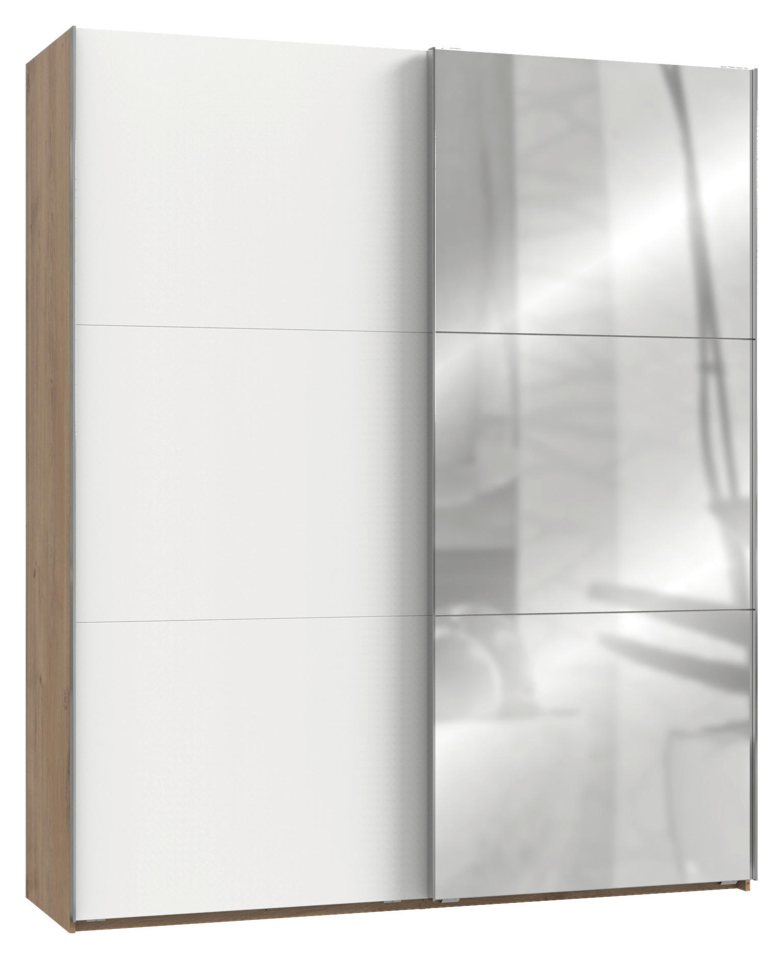 SCHWEBETÜRENSCHRANK 150/216/65 cm 2-türig Weiß, Plankeneiche  - Chromfarben/Plankeneiche, MODERN, Glas/Holzwerkstoff (150/216/65cm) - MID.YOU
