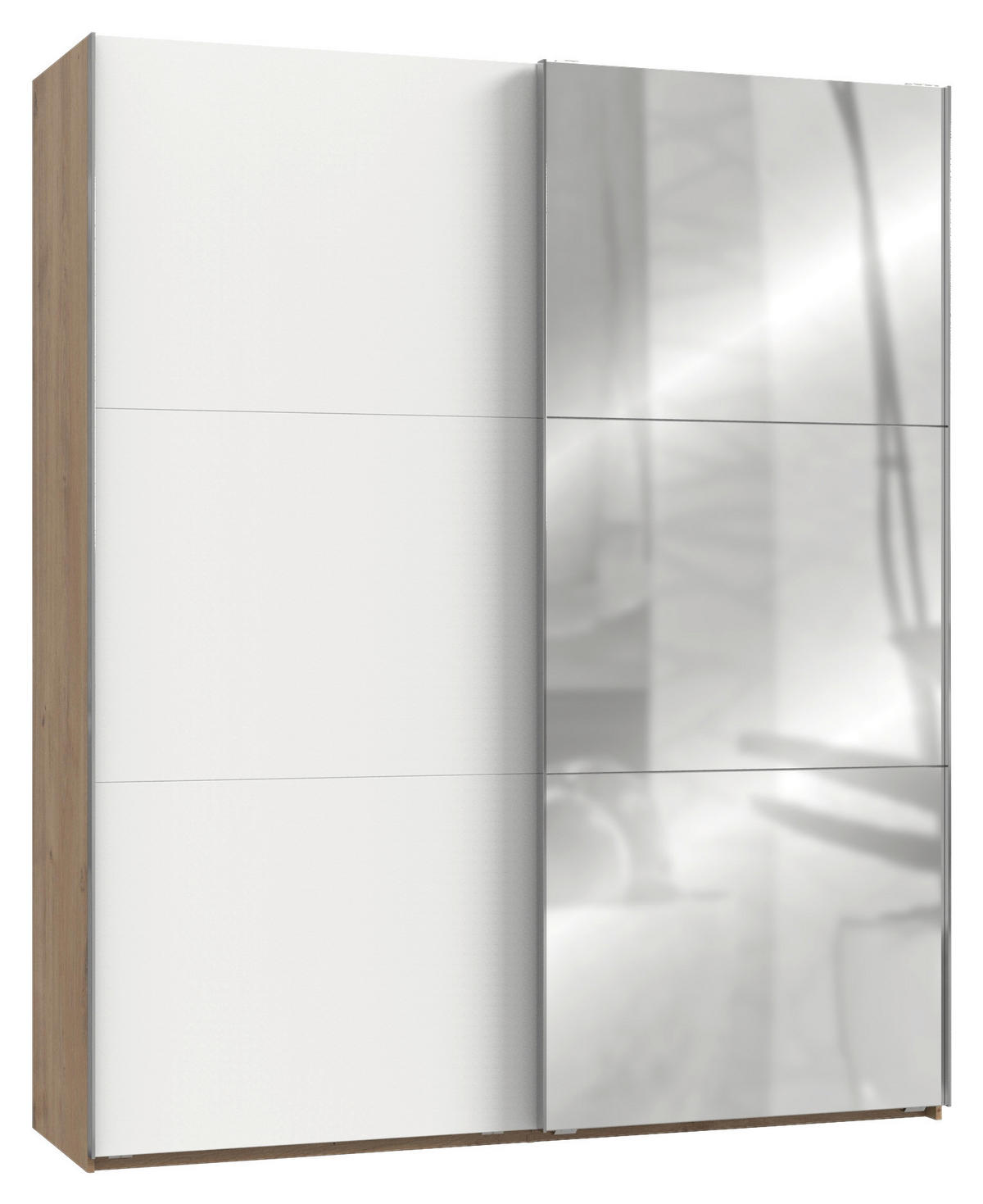 SCHWEBETÜRENSCHRANK 150/216/65 cm 2-türig Weiß, Plankeneiche  - Chromfarben/Plankeneiche, MODERN, Glas/Holzwerkstoff (150/216/65cm) - MID.YOU