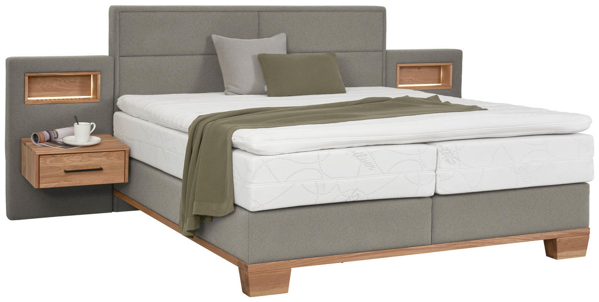 BOXSPRINGBETT 200/200 cm,  in Eichefarben, Blaugrau, Matratze, Topper, H3 = fest  - Eichefarben/Blaugrau, Natur, Holz/Textil (200/200cm) - Valnatura