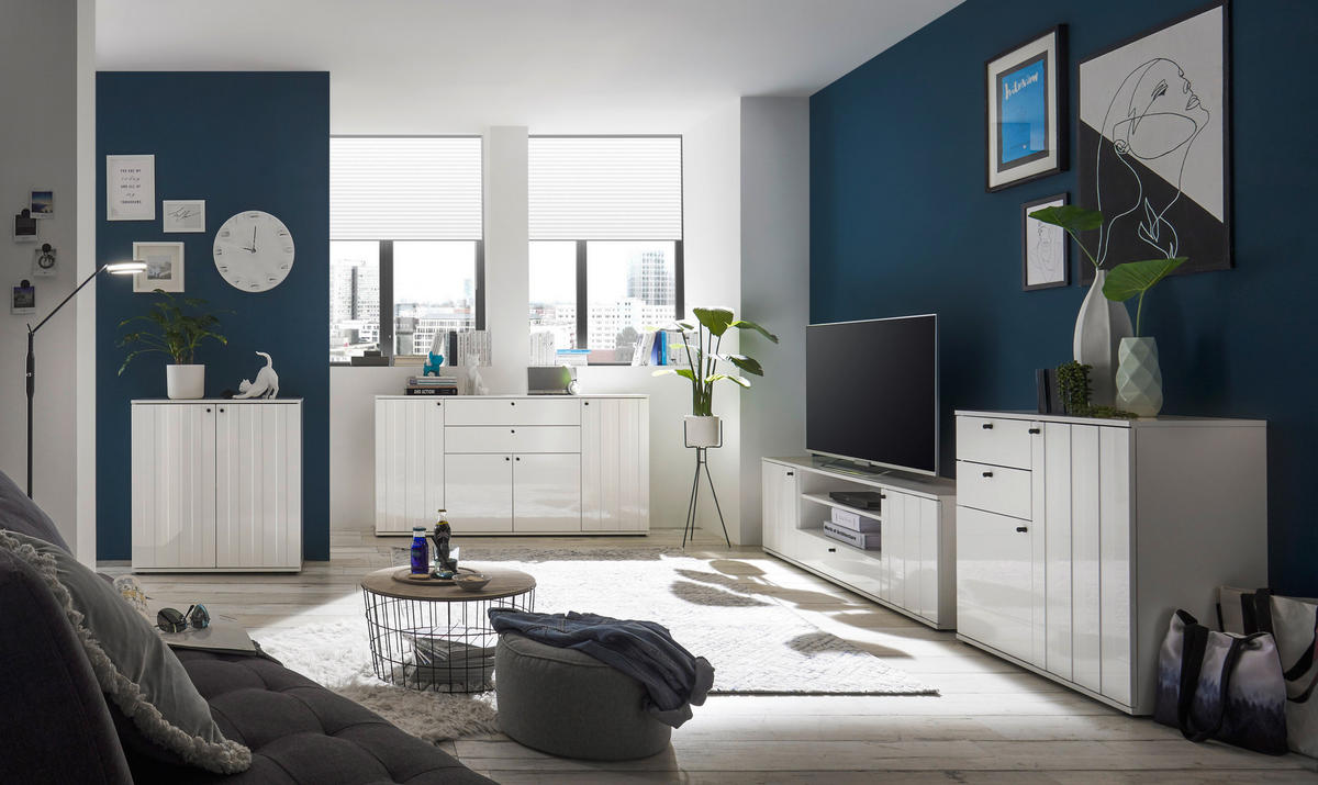 COMODĂ CU UȘI 160/83/38 cm  - alb lucios intens/negru, Basics, plastic/material pe bază de lemn (160/83/38cm) - Xora