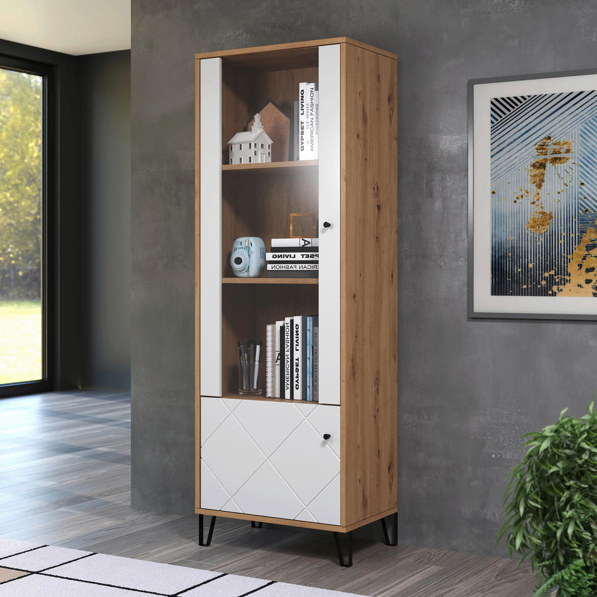 VITRINE TOUCH in Eiche Artisan, Weiß  - Schwarz/Weiß, Design, Glas/Holzwerkstoff (63/40/172cm) - MID.YOU