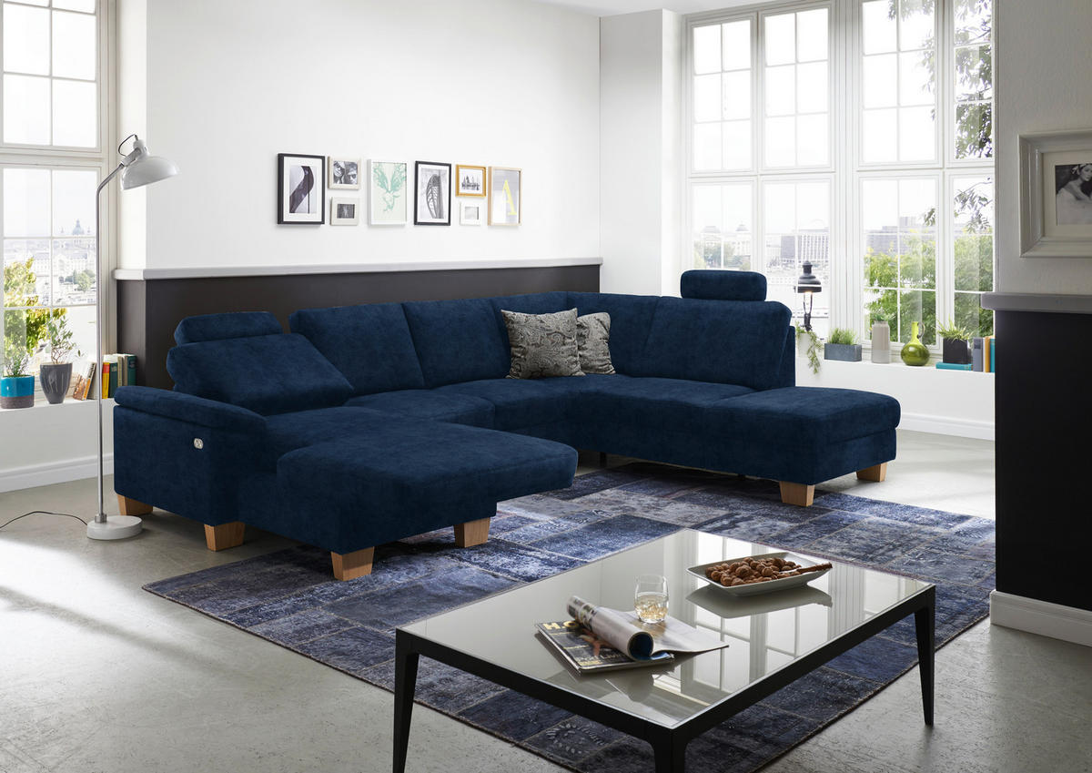 WOHNLANDSCHAFT in Velours Dunkelblau  - Eichefarben/Dunkelblau, Konventionell, Holz/Textil (167/316/235cm) - Beldomo System