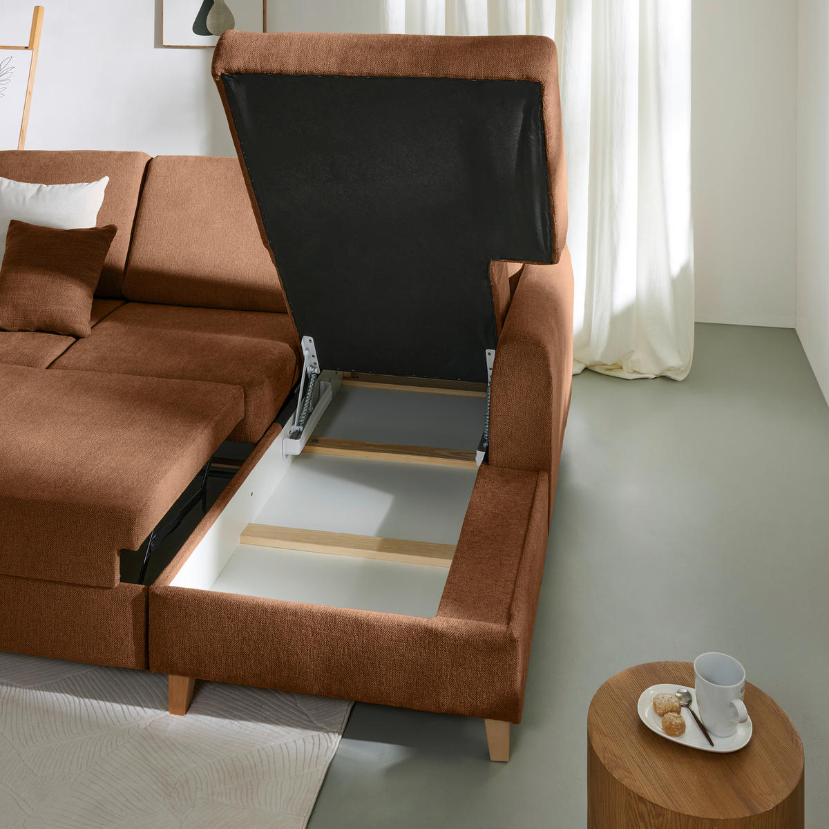 ECKSOFA Terracotta Flachgewebe  - Buchefarben/Terracotta, KONVENTIONELL, Holz/Textil (241/166cm) - Carryhome