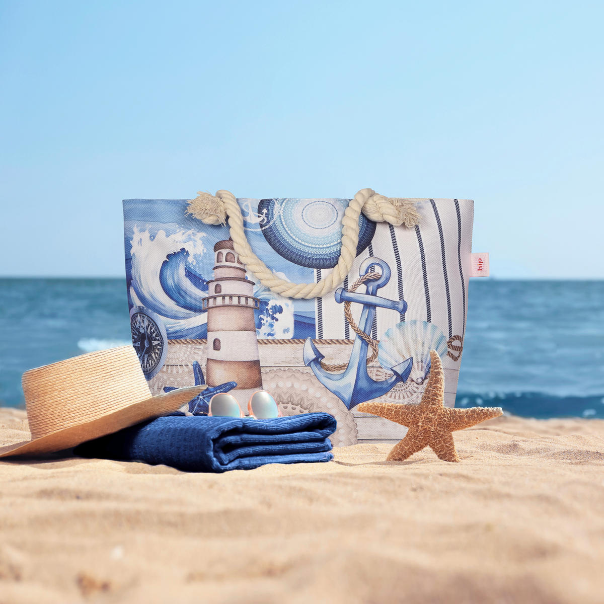 STRANDTASCHE - Sandfarben/Blau, Basics, Textil (60/43cm)