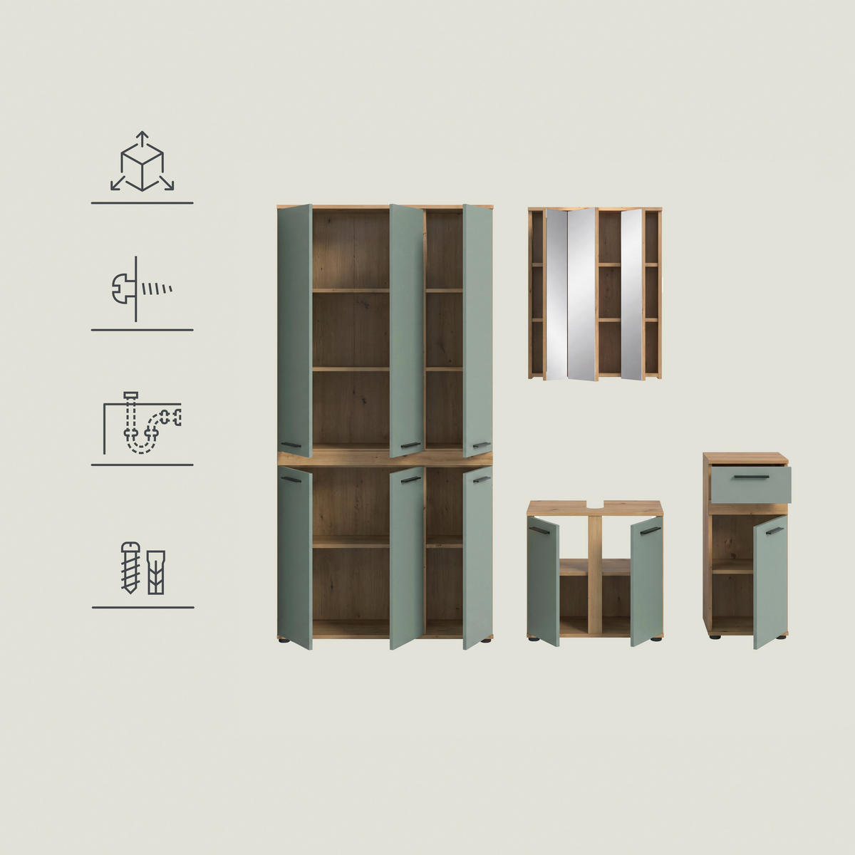 BADEZIMMER 4-teilig  in 215 cm  - Salbeigrün/Schwarz, Trend, Glas/Holzwerkstoff (215cm) - MID.YOU