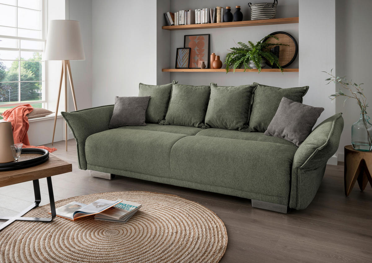 BIGSOFA in Chenille Dunkelgrün  - Chromfarben/Dunkelgrün, Modern, Kunststoff/Textil (242/71/90/131cm) - Livetastic