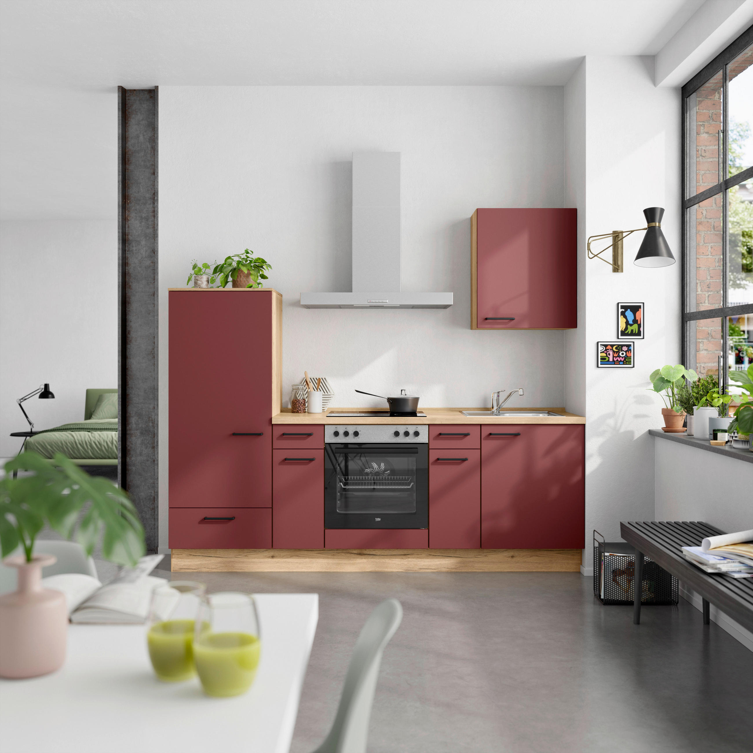 KÜCHENLEERBLOCK 240 cm in Rot, Eichefarben - Eichefarben/Rot, MODERN, Holzwerkstoff/Metall (240cm) - Nobilia