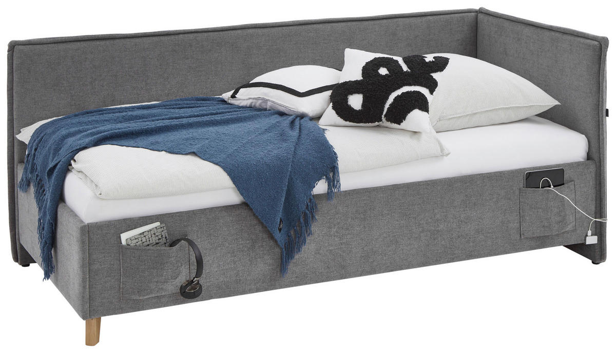 POLSTERLIEGE in Flachgewebe Grau  - Eichefarben/Birkefarben, Konventionell, Holz/Textil (120/200cm) - home24