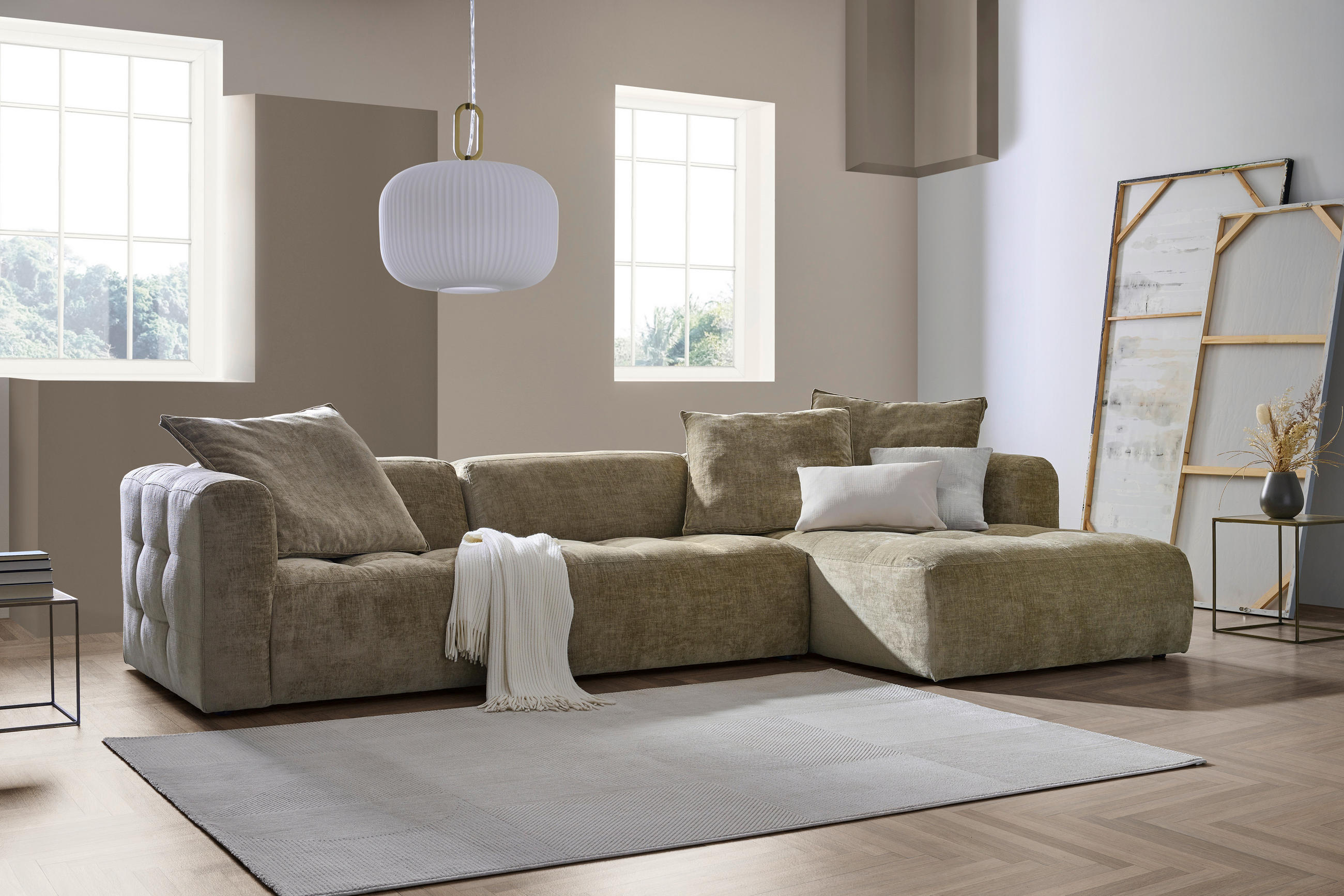 ECKSOFA in Chenille Greige  - Greige/Schwarz, Lifestyle, Kunststoff/Textil (240/173cm) - Stylife