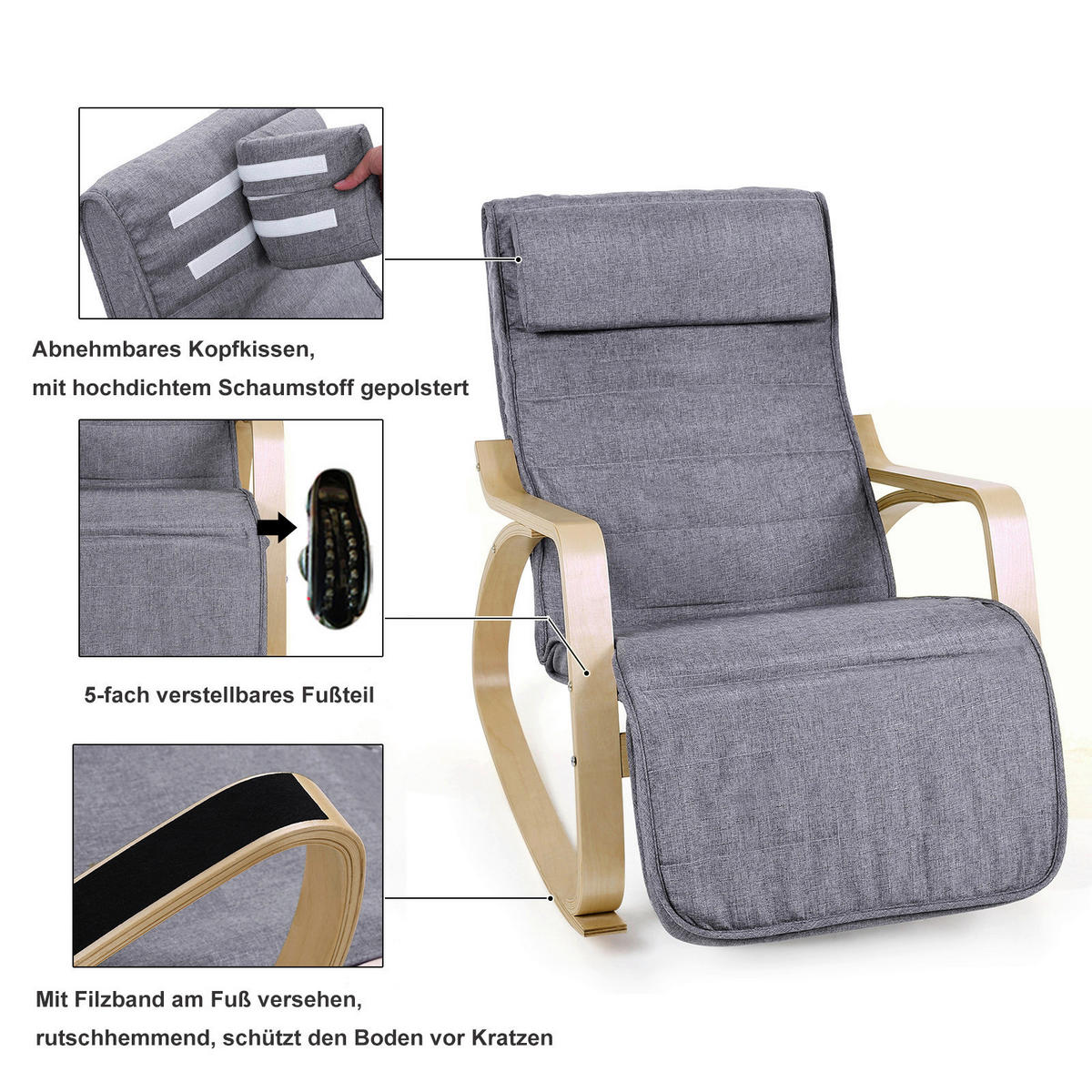 RELAXSESSEL Flachgewebe Nackenstütze, Relaxfunktion    - Birkefarben/Grau, Basics, Holz/Textil (121,5/84/67cm) - Boxxx